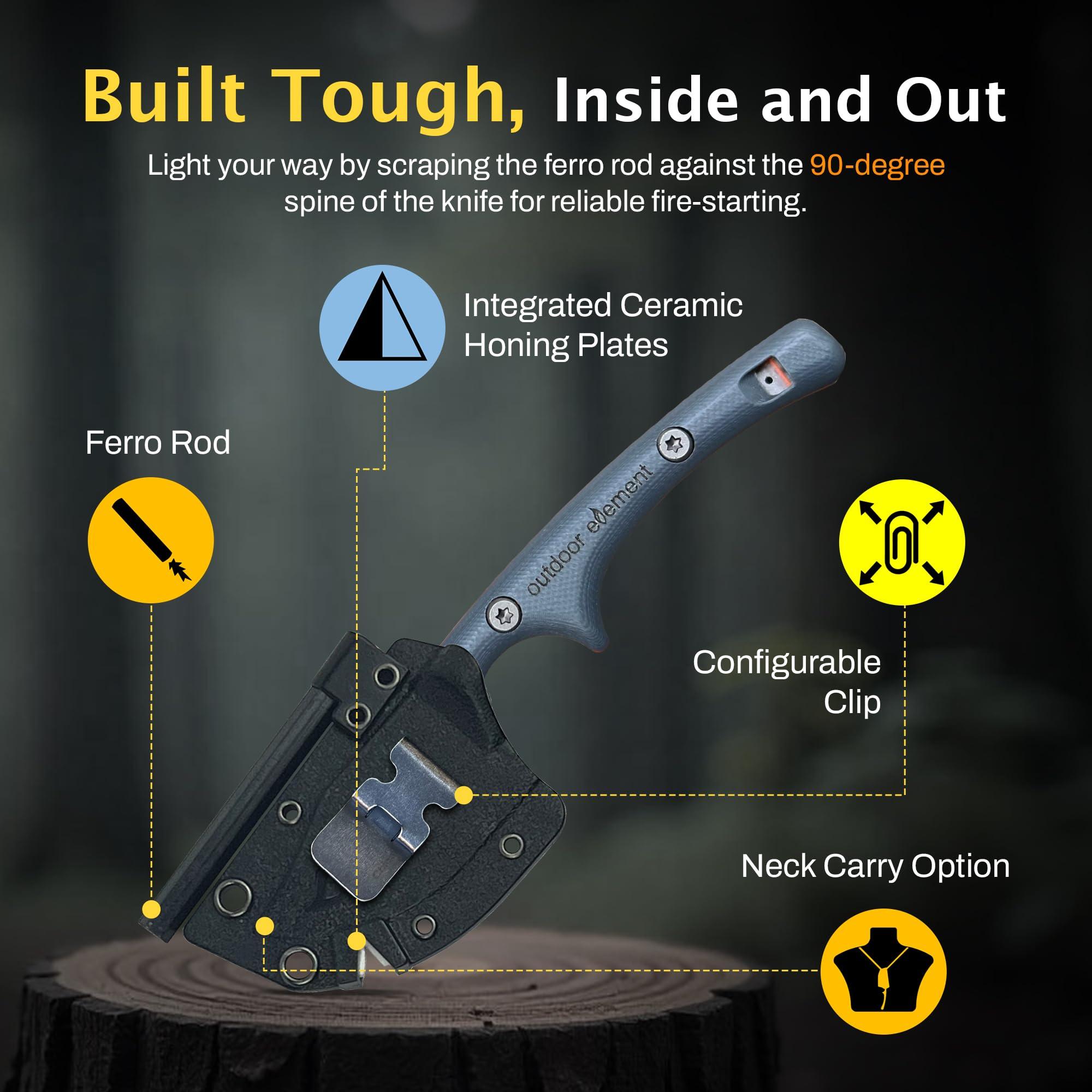 OUTDOOR ELEMENT Contour Feather Adventure Survival Knife - Fixed Blade, Hunting, Camping Knife with Fire Starter, Sharpener, Whistle, Hex Driver, Sheath - Full Tang, VG10 Steel, Belt Clip - Image 6