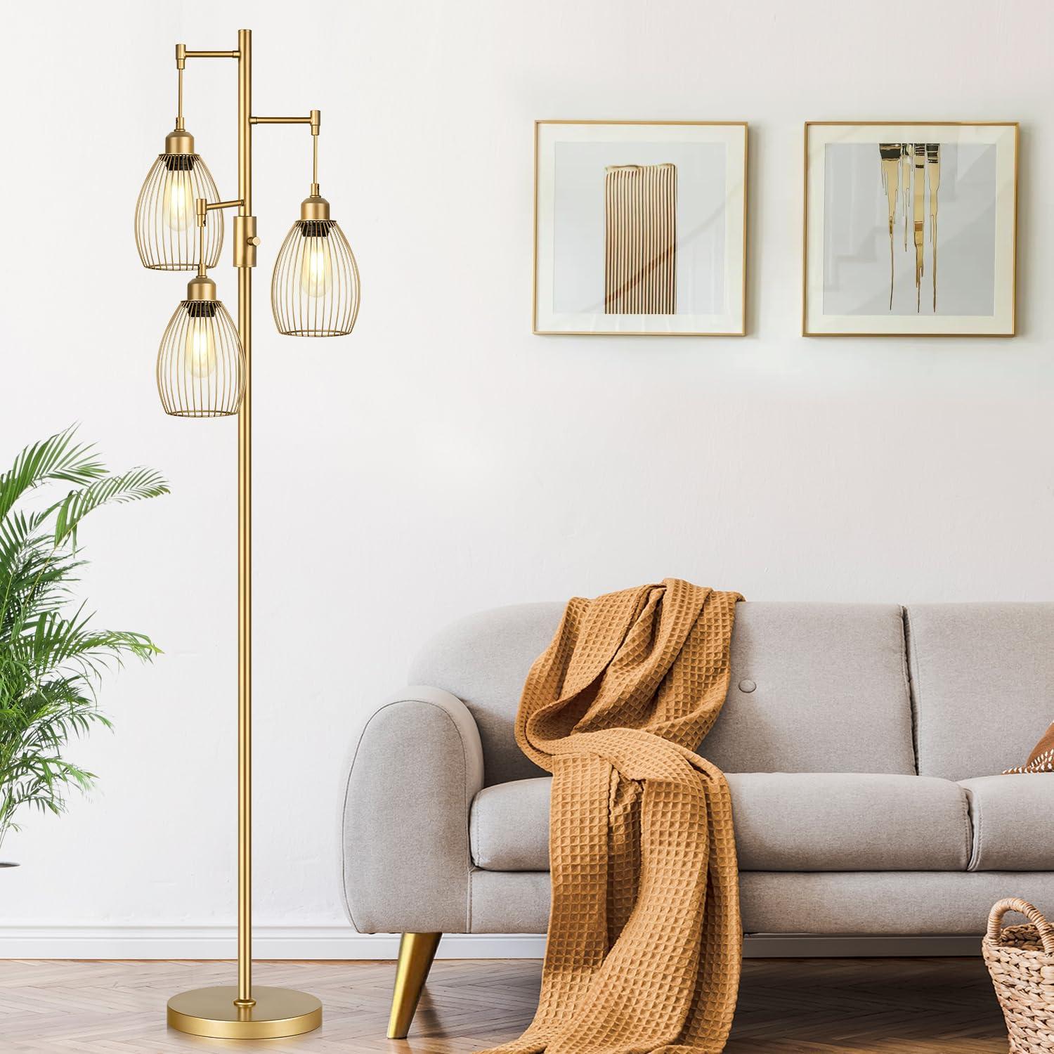 Dimmable Industrial Floor Lamps for Living Room, Gold Tree Standing Tall Lamps with 3 Elegant Teardrop Cage Head & 800 Lumens LED Bulbs for Bedroom Office - Image 5