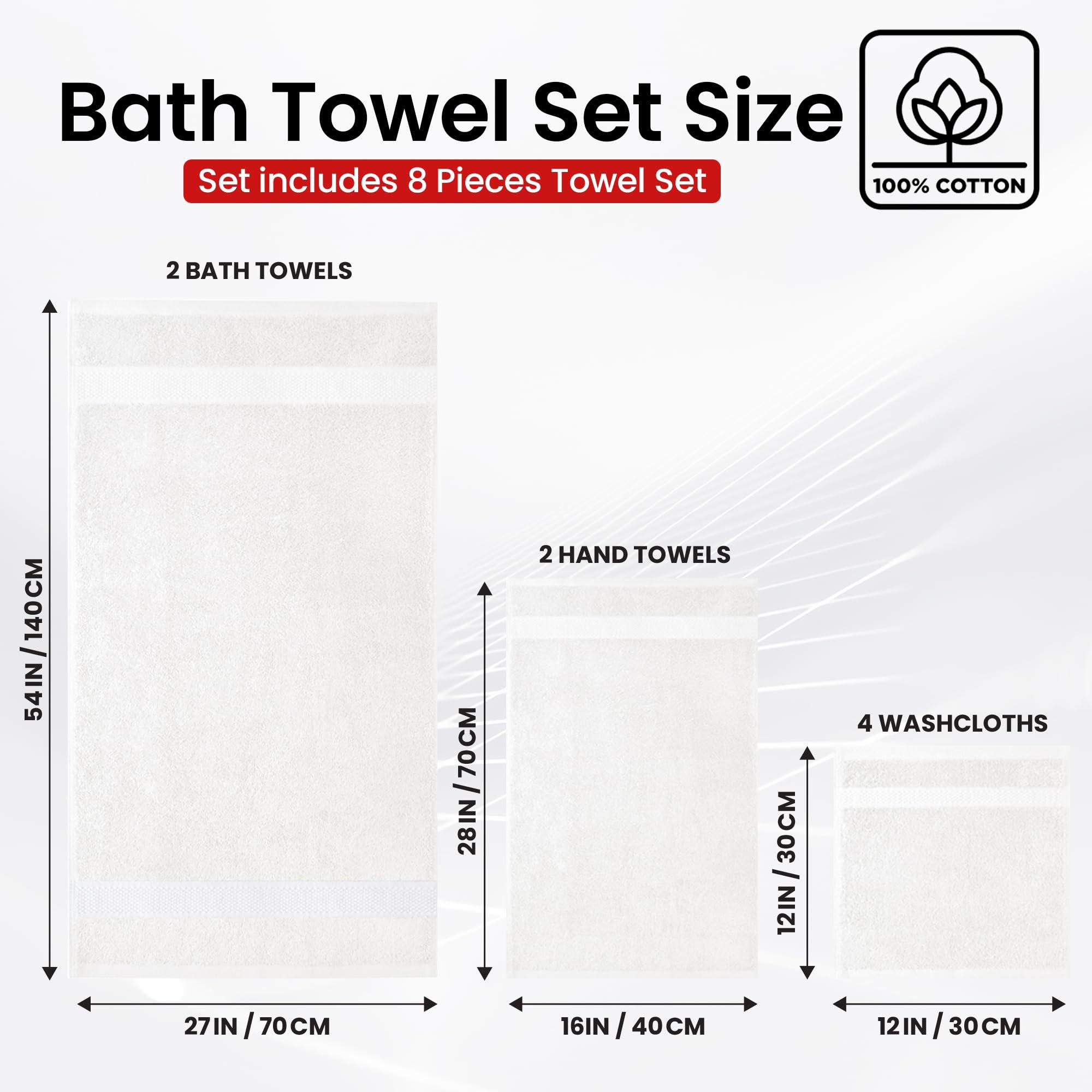 Infinitee Xclusives Luxury 100% Cotton Towel Set – 8 Piece Bathroom Towel Set (2 Bath Towels, 2 Hand Towels, 4 Washcloths) – Soft & Absorbent Towels for Bathroom (Brilliant White) - Image 3