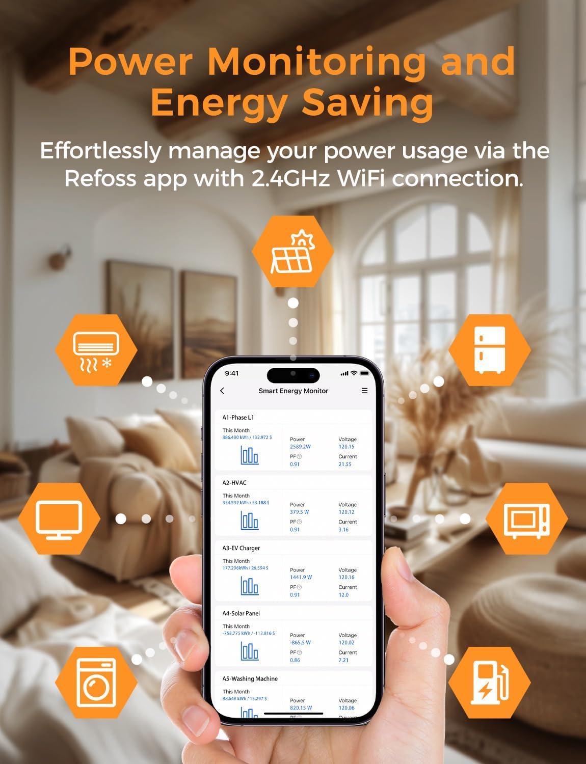 Smart Home Energy Monitor Supports Home Assistant, Real-Time Accurate Energy Consumption Tracking, Electricity Usage Monitor with 16x60A Circuit Sensors, 36-Month History, Solar Metering, 2.4G - Image 4