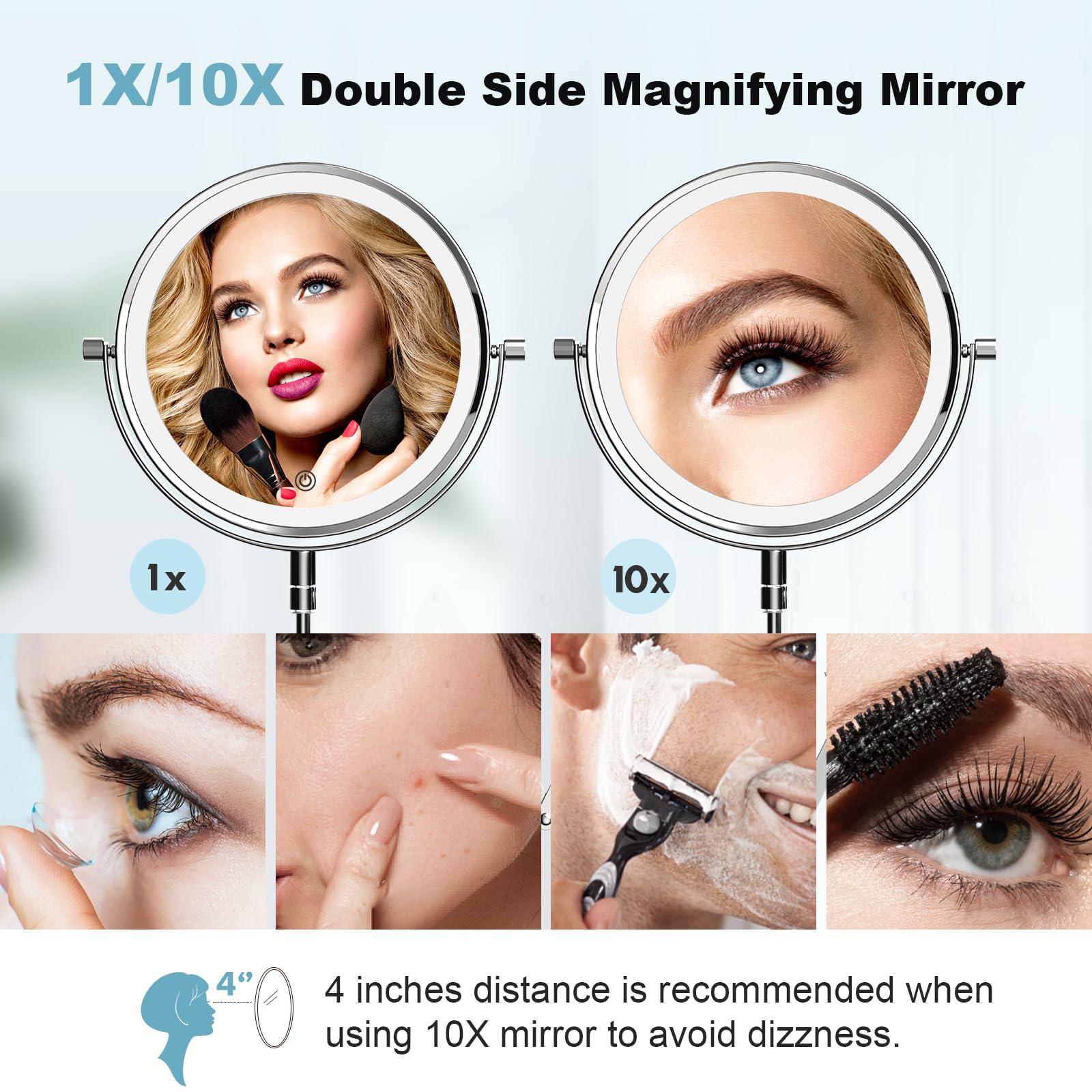 Rechargeable Wall Mounted Makeup Mirror - 8 Inch Double Sided 1X/10X Magnifying Mirror with 3 Color Lights Dimmable Touch Screen, 360°Swivel 19.6 Inch Extendable Accordion Bathroom Mirror - Chrome - Image 3