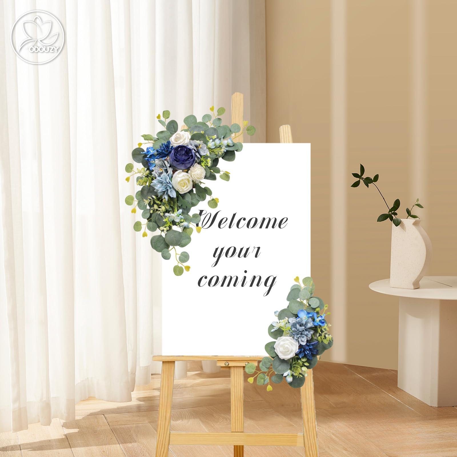 Odouzy Artificial Wedding Arch Flowers for Wedding Sign,Set of 2 for Wedding Welcome Ceremony Sign,Faux Floral Swags,Wedding, Banquet and Reception Backdrop Floral Decoration (Blue) - Image 2