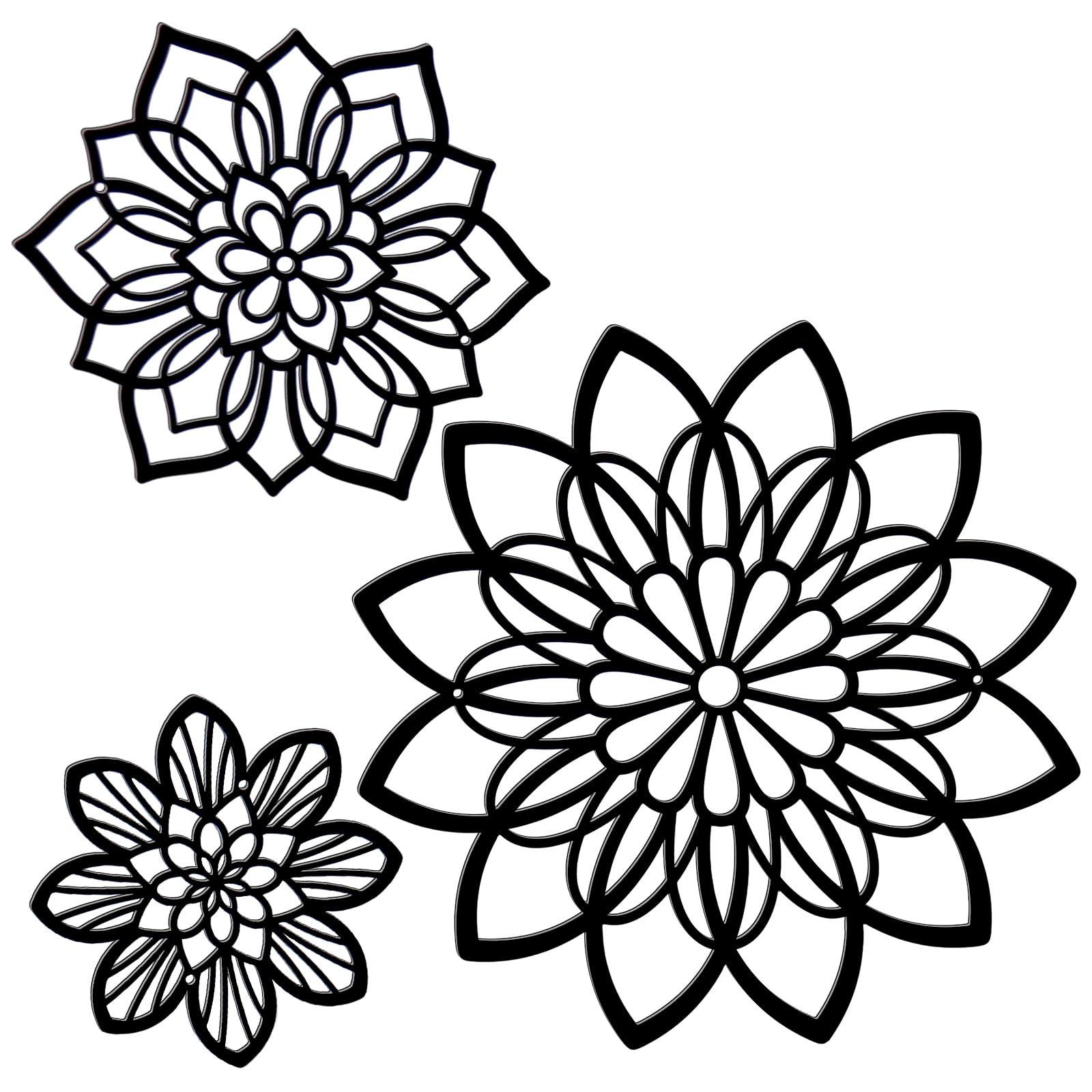 Zzbakress 3 Pieces Metal Flowers Wall Decor, Black Wall Decors, Flower Art Wall Decor Farmhouse Wall Decoration Multiple Flowers Hanging Decor for Bathroom Living Room Garden Office (Black Elegant)