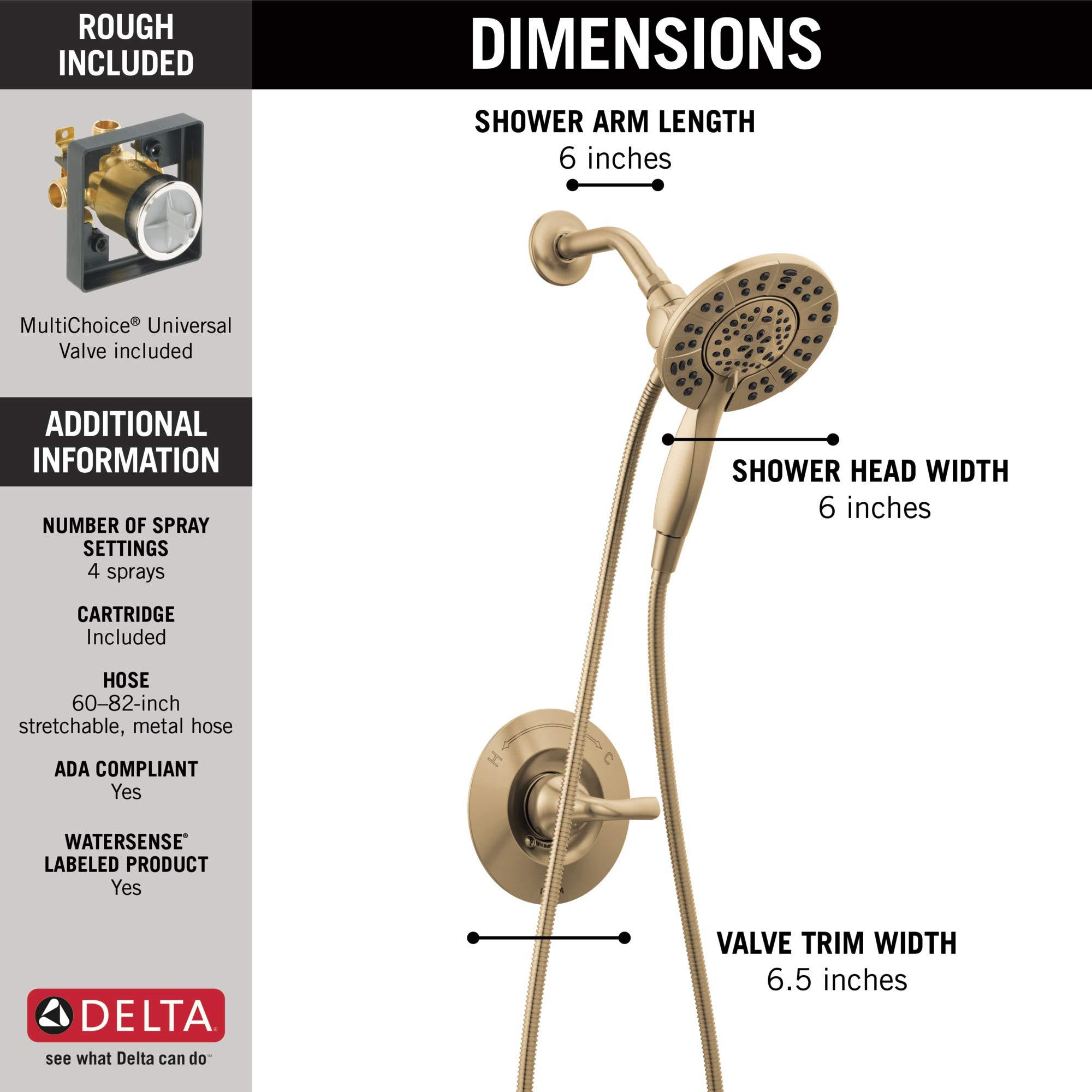Delta Arvo 14 Series Brushed Gold Shower Faucet Set with In2ition 2-in-1 Dual Shower Head with HandHeld Spray Combo, Valve Trim Kit, Champagne Bronze 142840-CZ-I (Valve Included) - Image 3