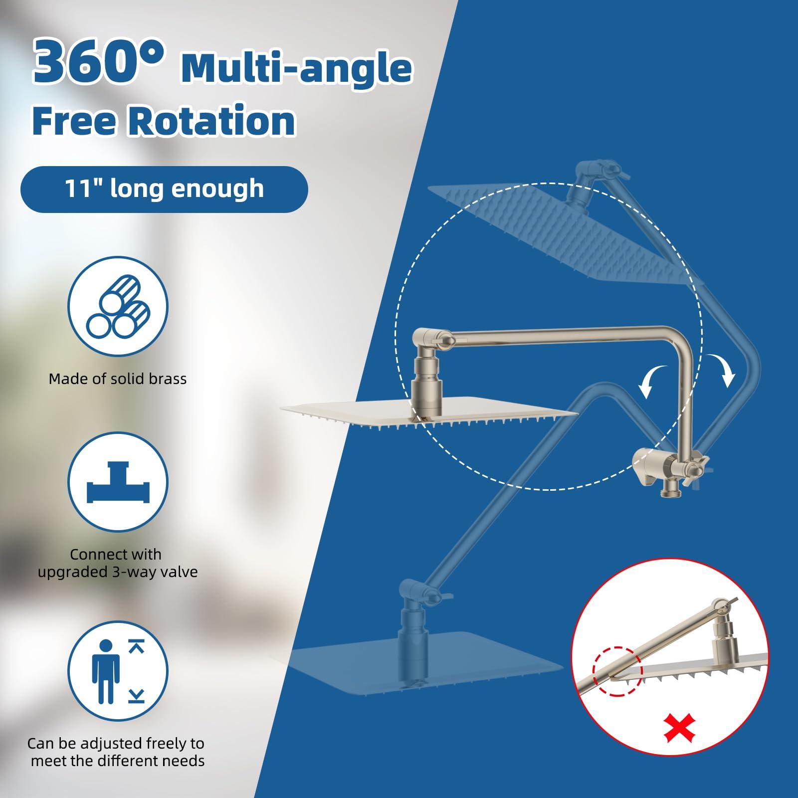 Hygie Rinse 12" All Metal Shower Head, High Pressure 10-Spray Handheld Showerhead Rainfall Shower Head Combo with 11" Adjustable Shower Extension Arm, 71" Hose, Shower Head Holder, Brushed Nickel - Image 7