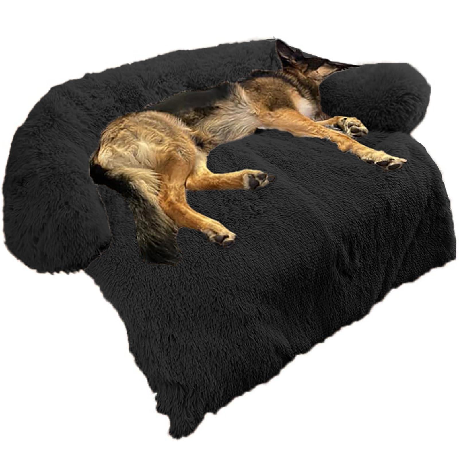 GGIB Calming Dog Bed Fluffy Plush Dog Mat for Furniture Protector with Removable Washable Cover for Large Medium Small Dogs and Cats (Large, Black)