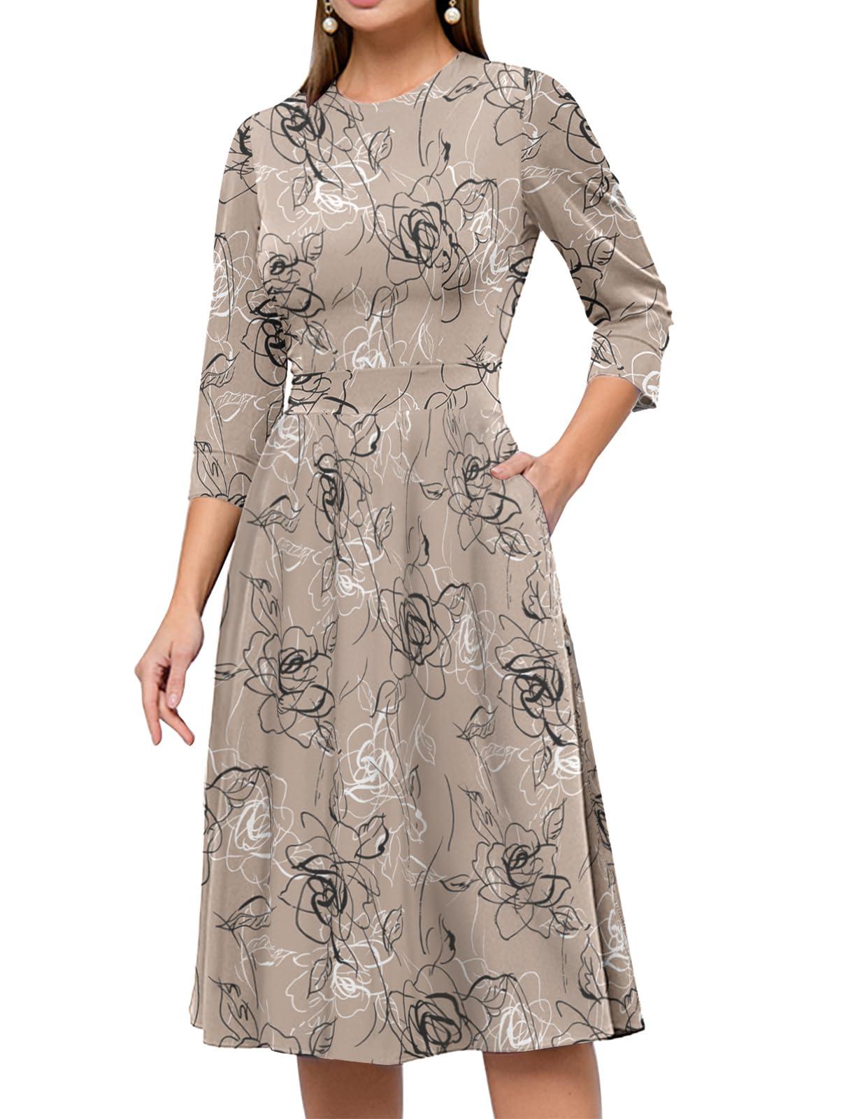 Simple Flavor Women's Floral Vintage Dress Elegant Midi Evening Dress 3/4 Sleeves - Image 6