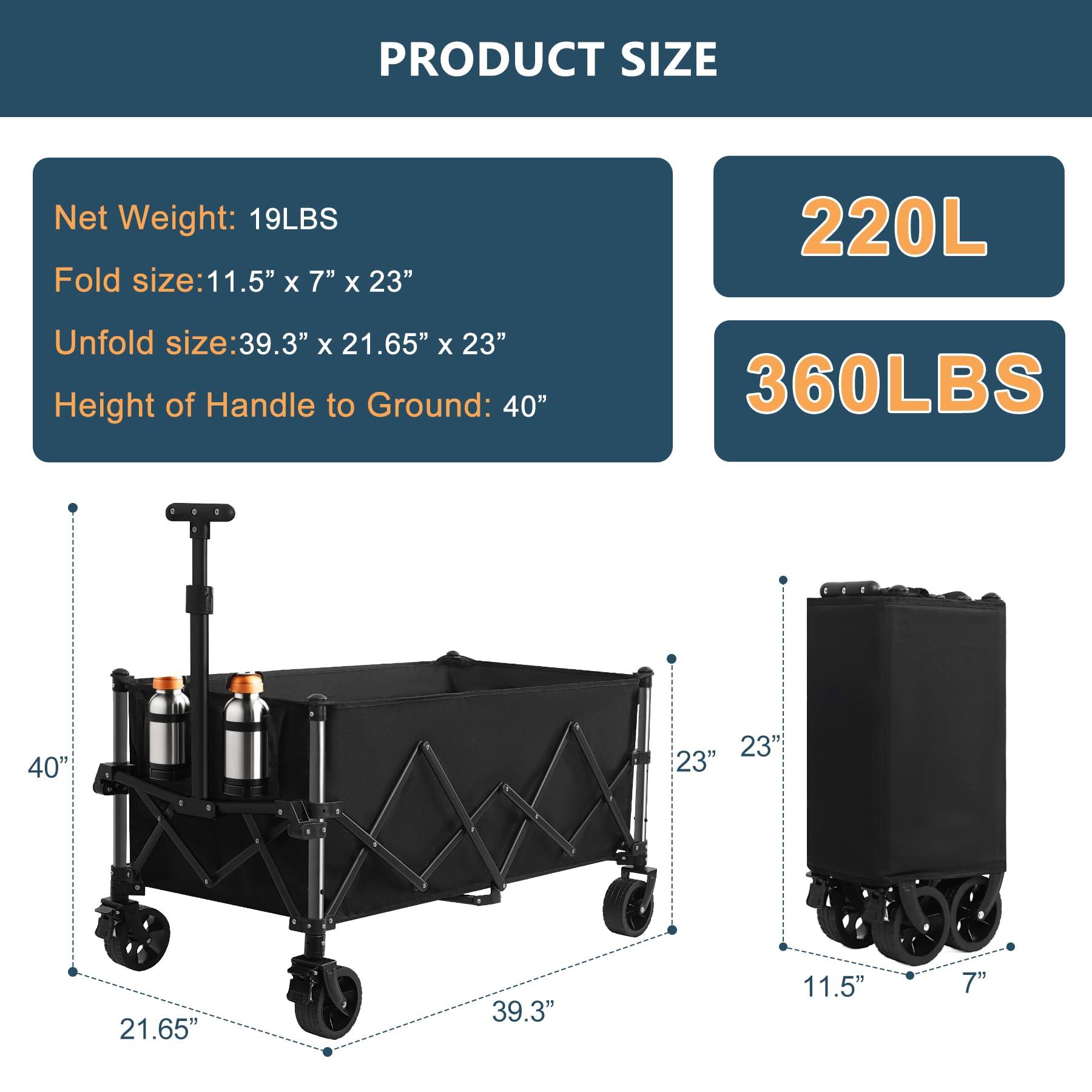Favoyard Extra Large Collapsible Wagon Carts Foldable 220L & 360LBS Portable Folding Wagons with All-Terrain Wheels & Brakes Heavy Duty Outdoor Utility Carts for Grocery Camping Shopping Sports Garden - Image 2