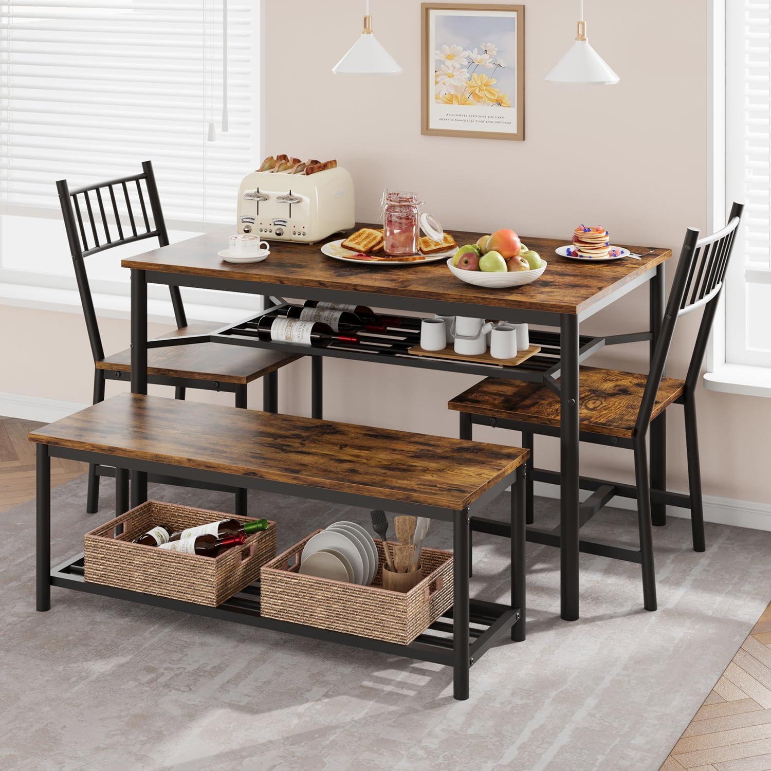 Fancihabor Dining Table Set for 4, Kitchen Table and Chairs for 4 with Wine Rack, Rectangular Dining Room Table Set with Bench, 4 Piece Dining Table Set for Small Space, Apartment, Retro Brown