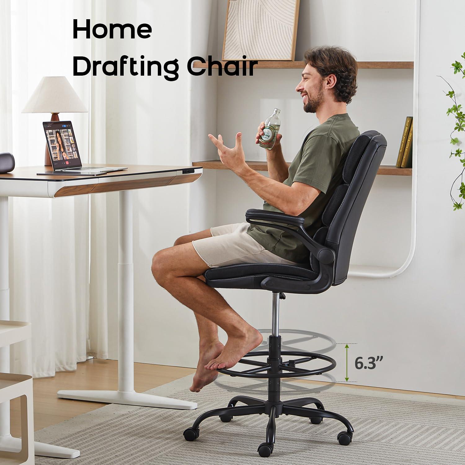 Drafting Chair Tall Office Chair with Padded Flip-up Armrests Executive Ergonomic Computer Standing Desk Chair with Comfortable Leather Backrest and Adjustable Footrest Ring (Black) - Image 5