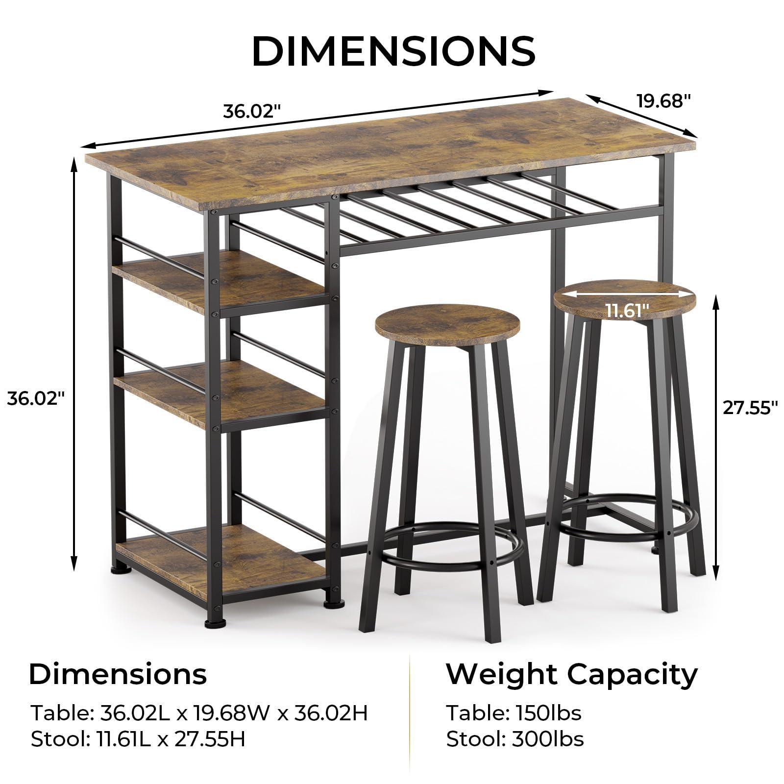 COMHOMA Dining Table Set for 2, Counter Height Kitchen Table and Chairs with Storage Shelves & Wine Rack, Bar Table Set with 2 Bar Stools, 3 Piece Dining Room Table Set for Small Space, Retro Brown - Image 3