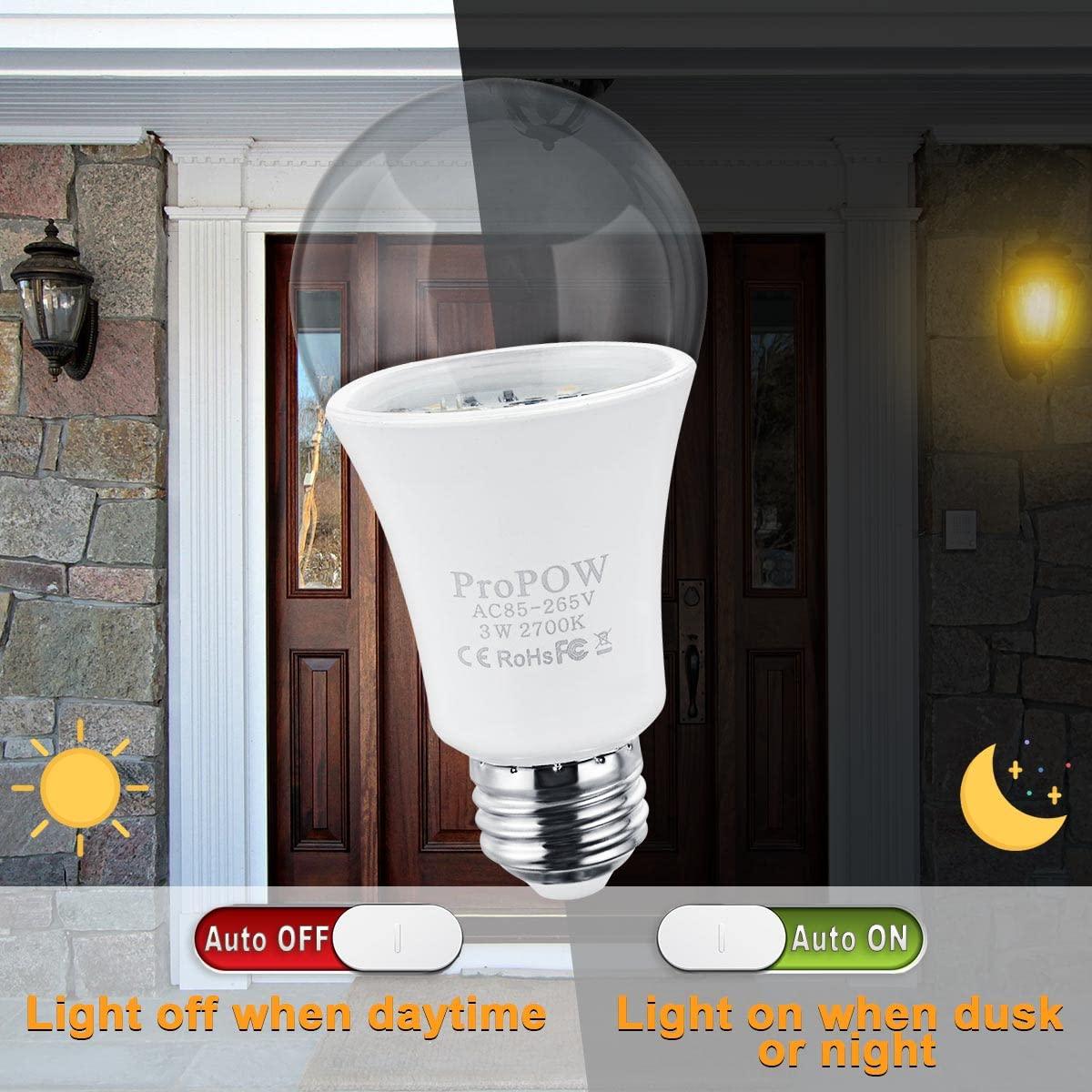 ProPOW 25 Watt Dusk to Dawn Light Bulbs, A19 3W Clear Cover E26 LED Bulbs Automatic on/Off Indoor/Outdoor Lighting for Porch,Garage,Driveway,Yard,Hallway,Patio(300 Lumen,Soft White,2-Pack) - Image 3