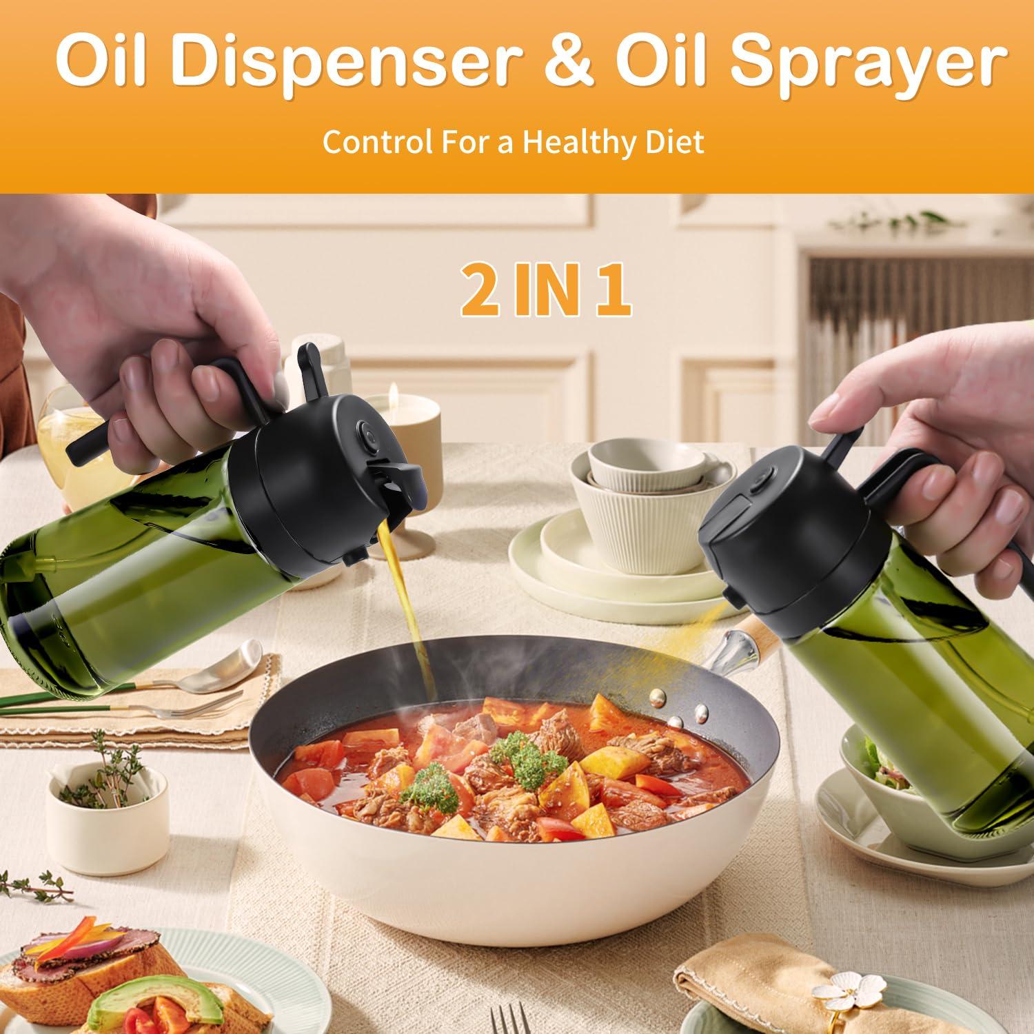 RFetomax Oil Sprayer for Cooking-2 in 1 Olive Oil Dispenser, 16oz/470ml Light Blockage Green Bottle for Air Fryer, BBQ,Salad, Frying, Barbecue (2Green Bottle Black Cap) - Image 2