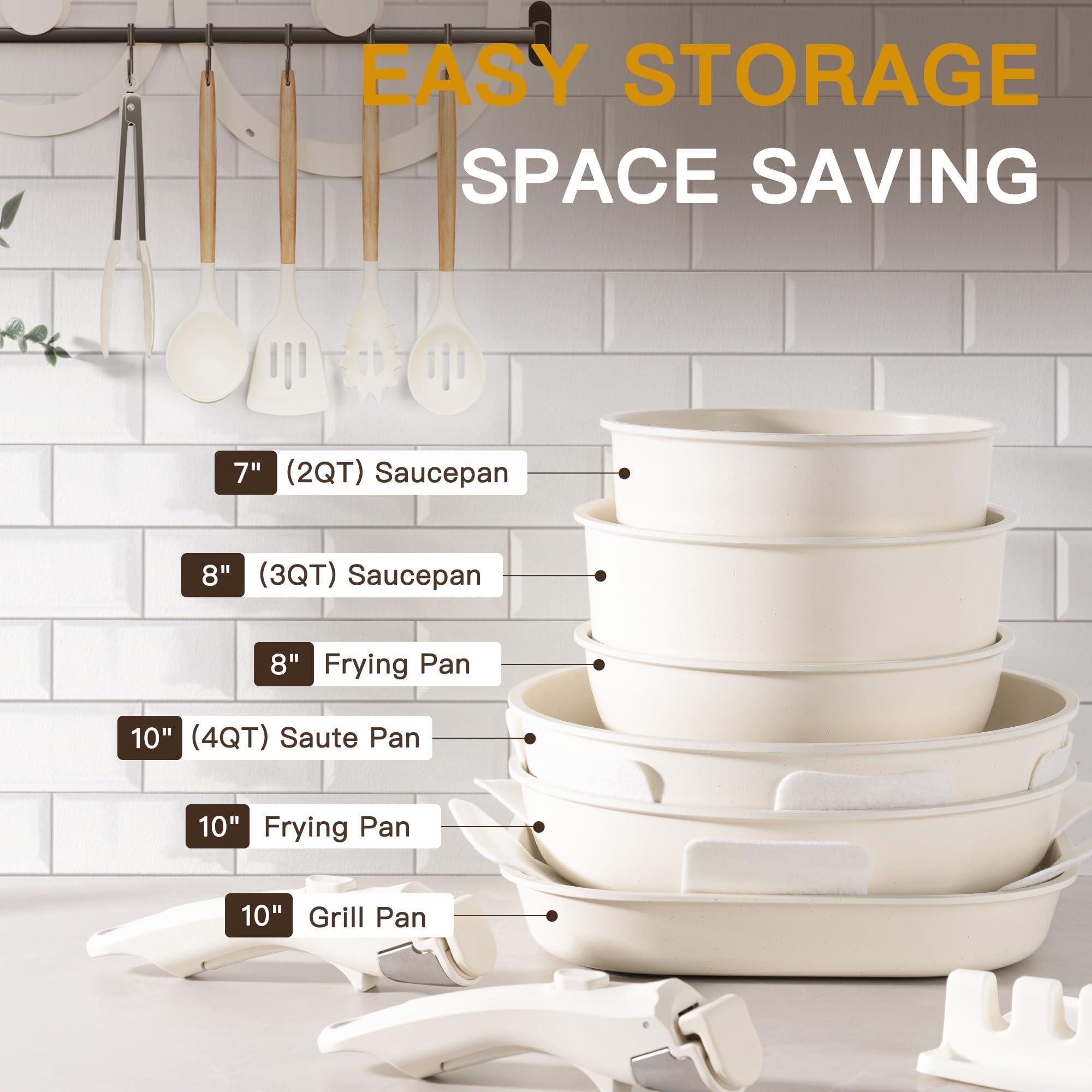 Astercook 23 Pcs Pots and Pans Set Non Stick, Ceramic Cookware Set Detachable Handle, RV Kitchen Cooking Set Removable Handles, Oven Safe, Induction Ready, Stackable Non-stick Set, Cream White - Image 9