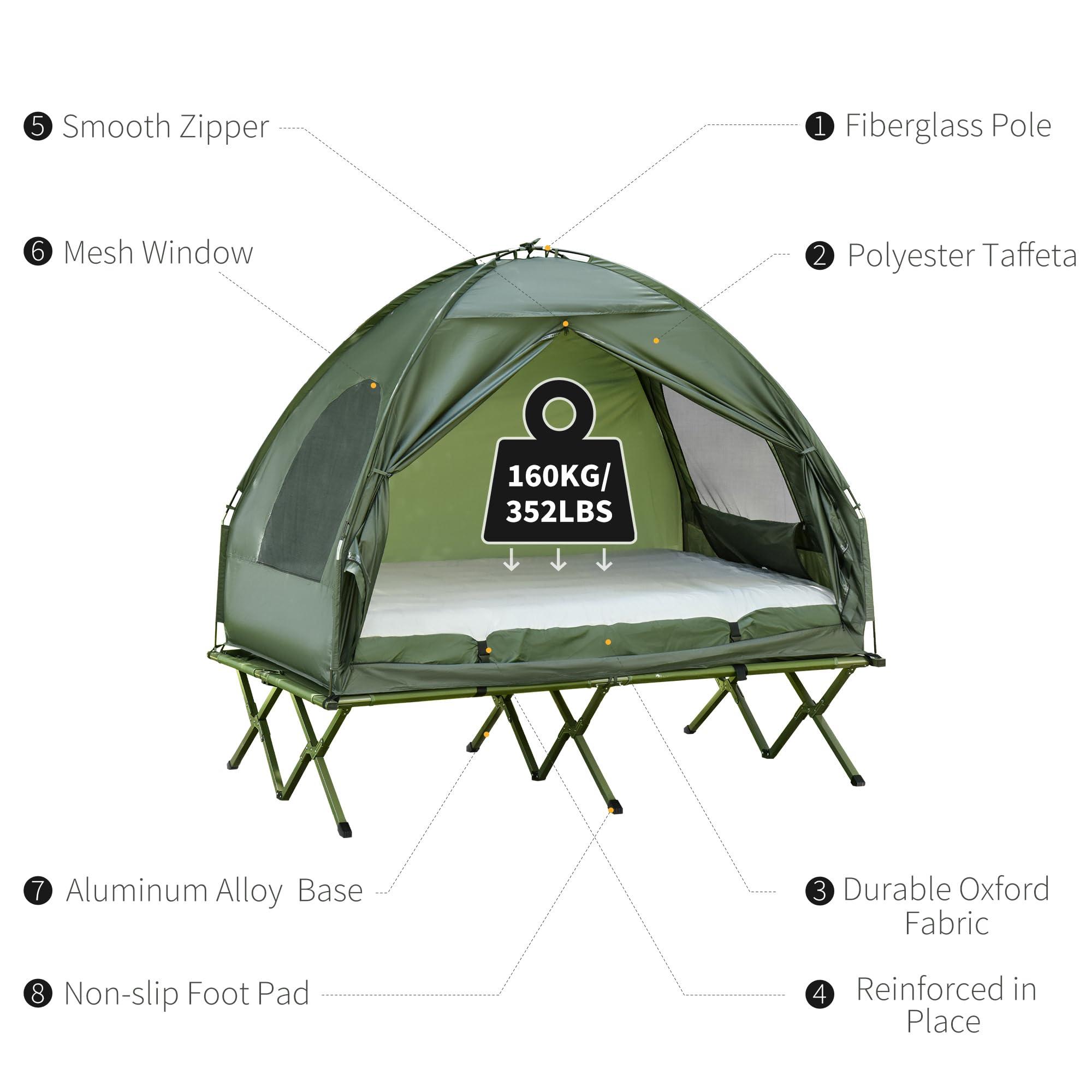 Outsunny 2-Person Tent Cot, 4-in-1 Folding Tent Combo with Air Mattress, Foot Pump, Carry Bag, Off Ground Travel Cot for Camping, Hiking, Backpacking - Image 6