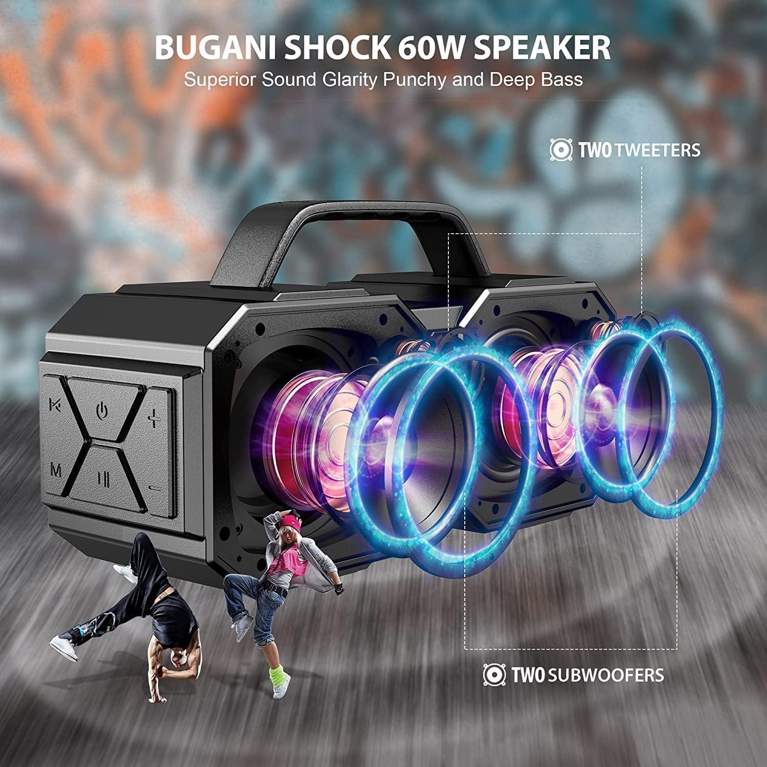 BUGANI Bluetooth Speaker, Shock Portable Bluetooth Speaker, Bluetooth 5.3, Waterproof, Wireless Speakers, 60W Super Power, Outdoor Speaker, Black (New Model) - Image 4
