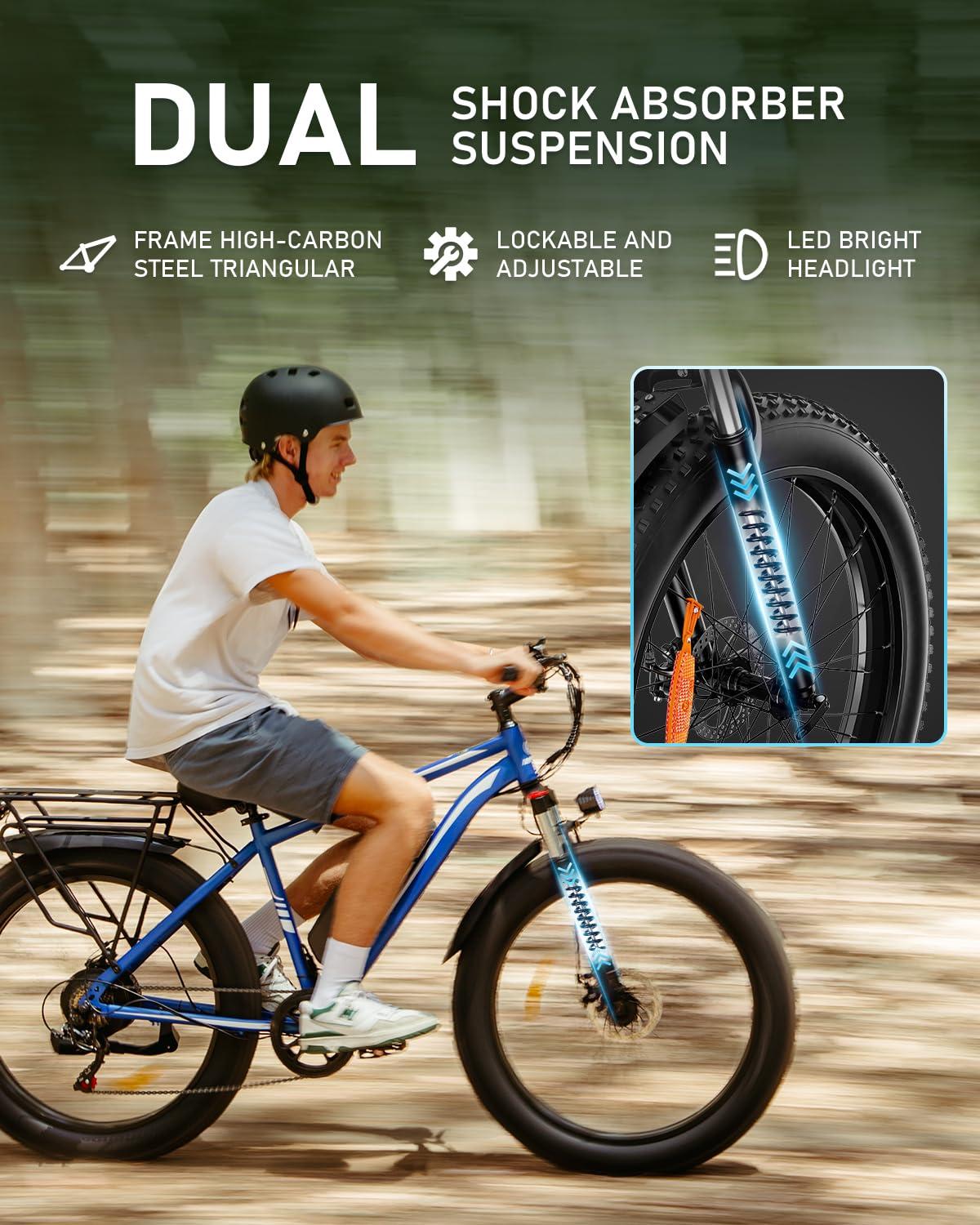 AMYET EB26 Electric Bike for Adults Peak 1500W Electric Bicycle 48V 15AH (720WH) Battery Electric Bike 26" Fat Tire Mountain 28mph 7 Speed Gears Ebike - Image 4