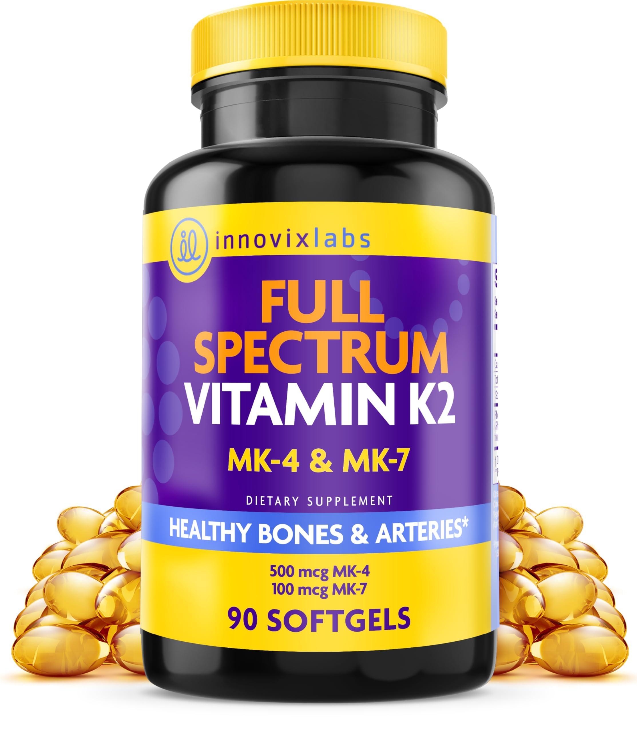 InnovixLabs Full Spectrum Vitamin K2-90 Softgels with 600 mcg of Trans Form MK7 and MK4 - Supports General Health and Bone Strength - Soy and Gluten Free K2 Vitamin Supplement