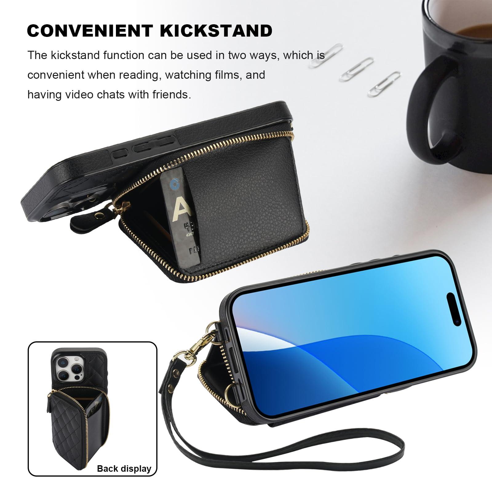 Bocasal Crossbody Wallet Case for iPhone 16 Pro, RFID Blocking PU Leather Zipper Handbag Purse Flip Cover, Kickstand Folio Case with Card Slots Holder Wrist Strap Lanyard 5G 6.3 Inch (Black) - Image 6