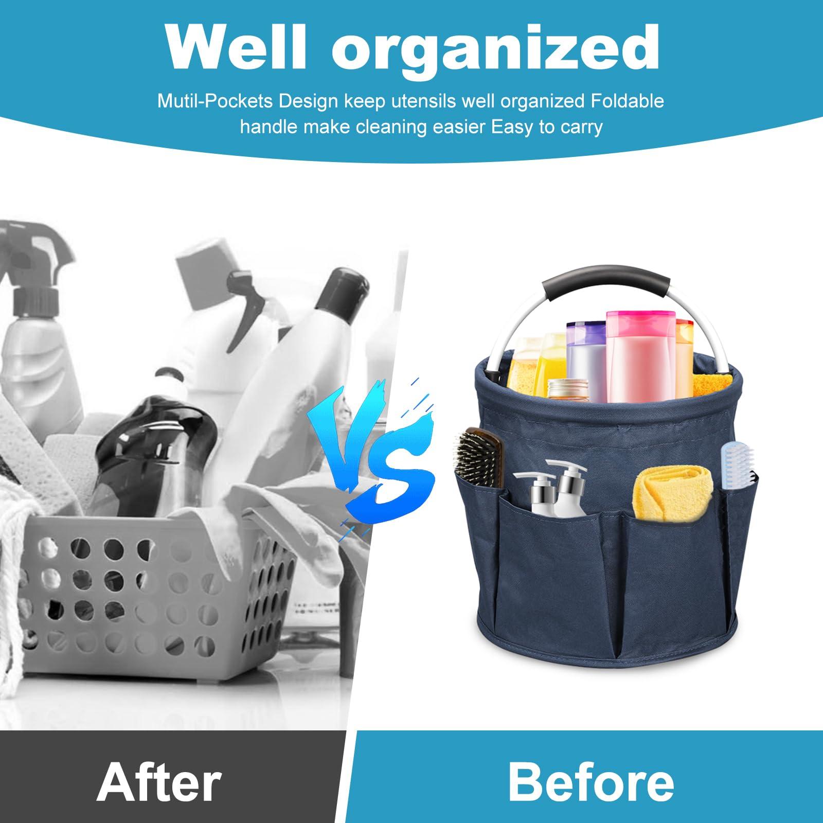 Qivine 17L Cleaning Caddy with Handle, Cleaning Supply Caddy Foldable Tool Bag Cleaning Products Organizers Portable Cleaning Bucket Organiser for Storing Towels(Blue) - Image 3