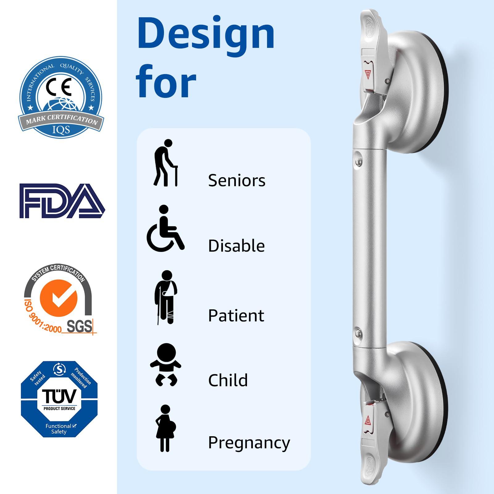 KSITEX Upgrade Shower Handle, Grab Bar for Bathtubs and Showers for Elderly Wall Mount, Heavy Duty Strong Suction Cup with Patches Support 200LB 16inch Silver - Image 7