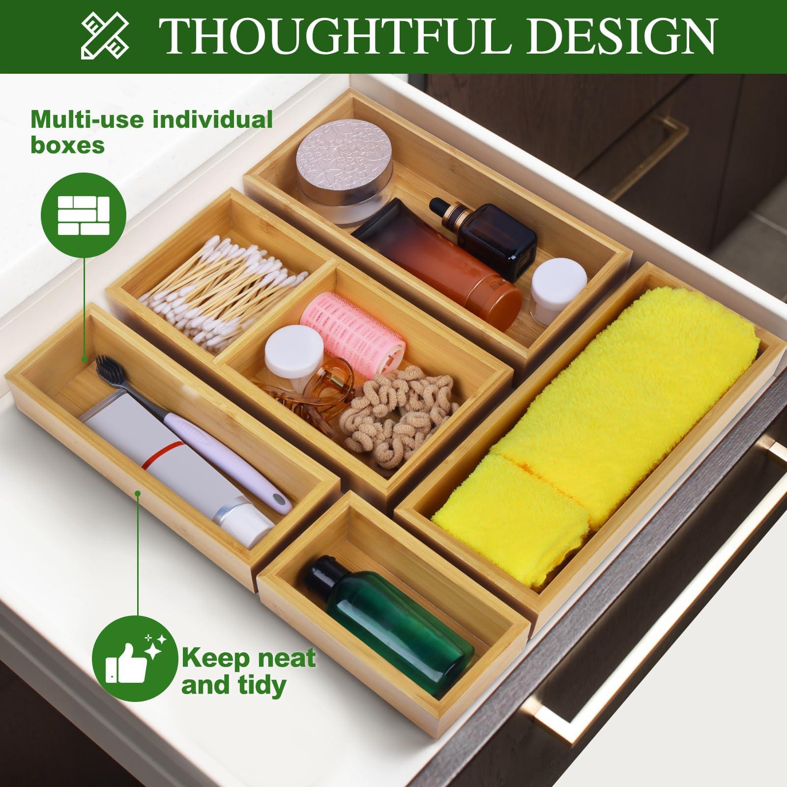 Bamboo Drawer Organizer Set, 5 PCS Multi-Use Individual Wood Storage Organizers, Junk Drawer Divider and Storage Trays Containers for Kitchen, Bathroom, Office Desk, Makeup, Jewelry, Utensils - Image 6