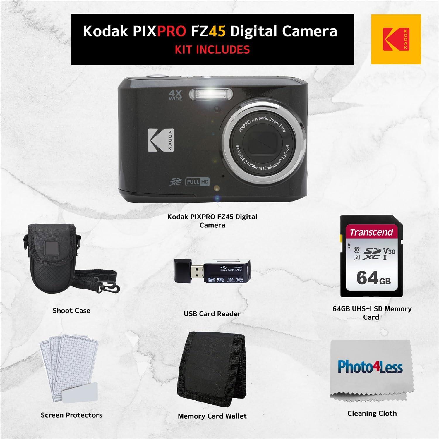 Kodak PIXPRO FZ45 Digital Camera Bundle with Black Point & Shoot Camera Case + Transcend 64GB SD Memory Card + Tri-fold Memory Card Wallet + Hi-Speed SD USB Card Reader + More (Black) - Image 2
