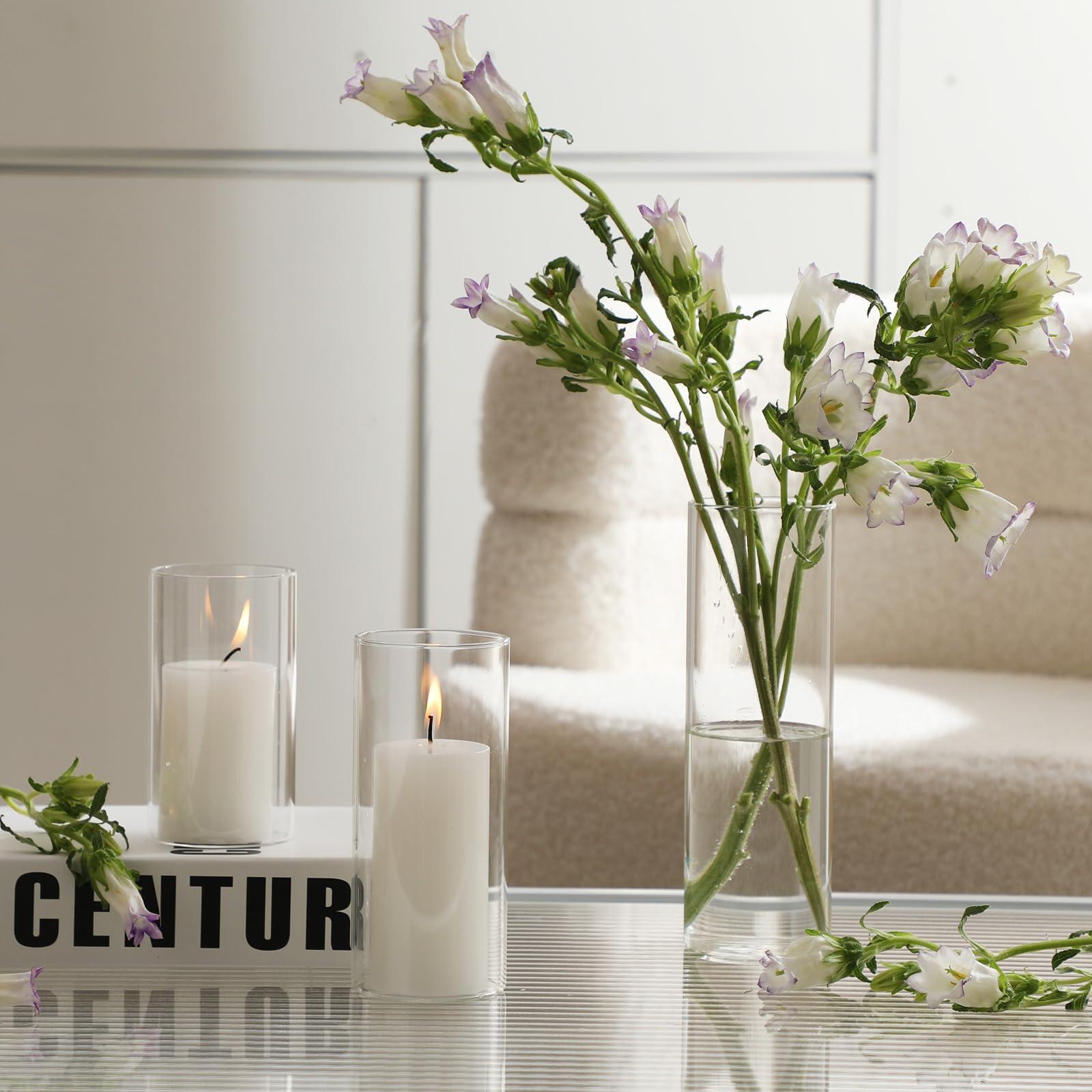 UDU Set of 12 White Pillar Candles and 12 Glass Cylinder Vases Hurricane Holders, Slim Pillar Candle Holder, Cylinder Vases for Centerpieces Wedding Table Party Home Decor(2.6" X 4.7", 5.9", 7.9") - Image 4
