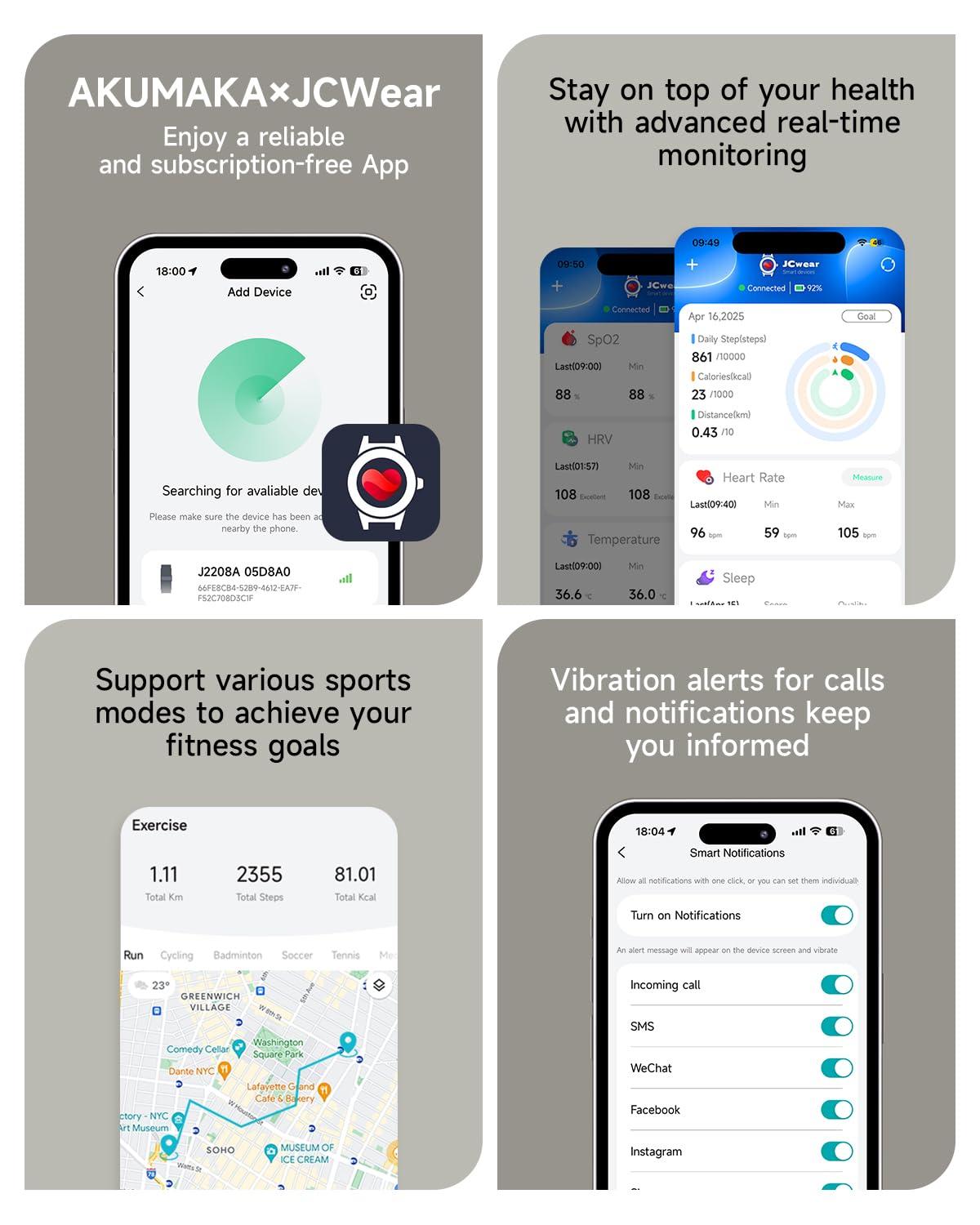 Health Fitness Tracker, Wearable Activity Step Tracker for Men Women, Continuous Sleep/ Heart Rate/ SpO2/ Stress/ Blood Pressure Monitor, IP68 Multiple Sports Modes Watch, Free App for Android iPhone - Image 2