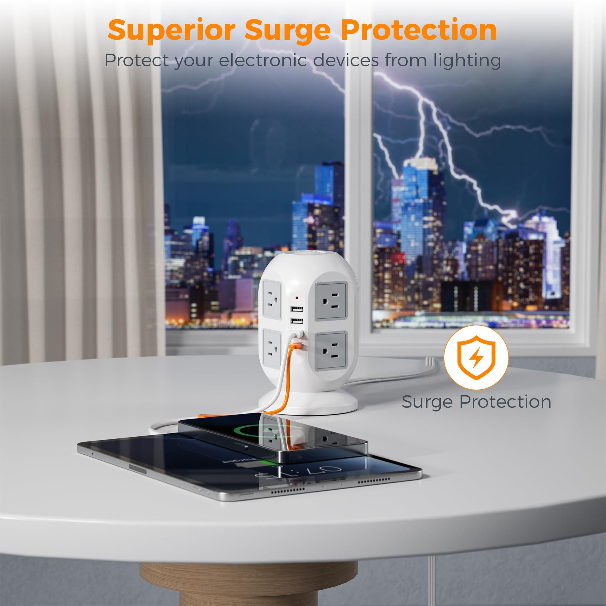 Tower Surge Protector Power Strip 10 ft, TESSAN Long Flat Extension Cord with Multiple Outlets, 8 AC Outlets with 4 USB Ports (1 USB C), Charging Station with Surge Protection, for Home Office Dorm - Image 6