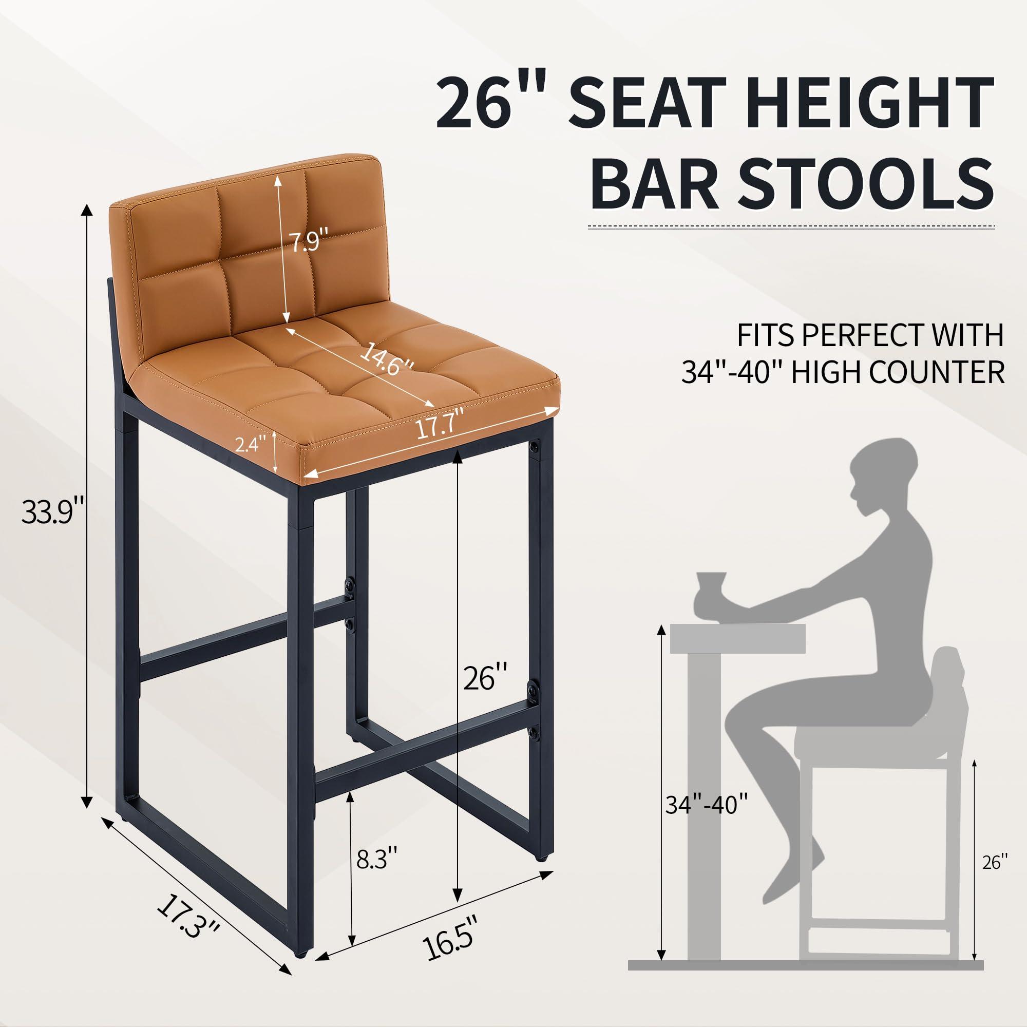 FIRAVOE Bar Height Stools Set of 4, PU Leather Barstools Modern Counter Stools with Back and Thickened Metal Legs, Bar Chairs for Kitchen Island (Caramel Brown, 4Pcs 26" Bar Stools) - Image 2