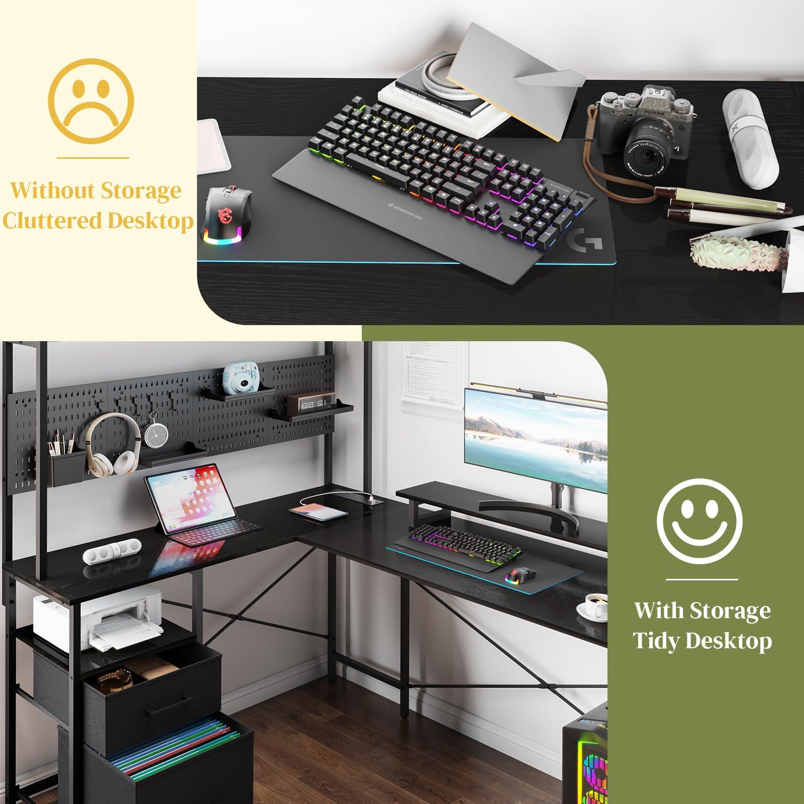 Yoobure L Shaped Desk with Pegboard, Reversible Computer Desk with Drawers & Storage Shelves, Gaming Desk with LED Lights & Power Outlets, Office Desk with Monitor Stand Corner Desk Home Office Desks - Image 7