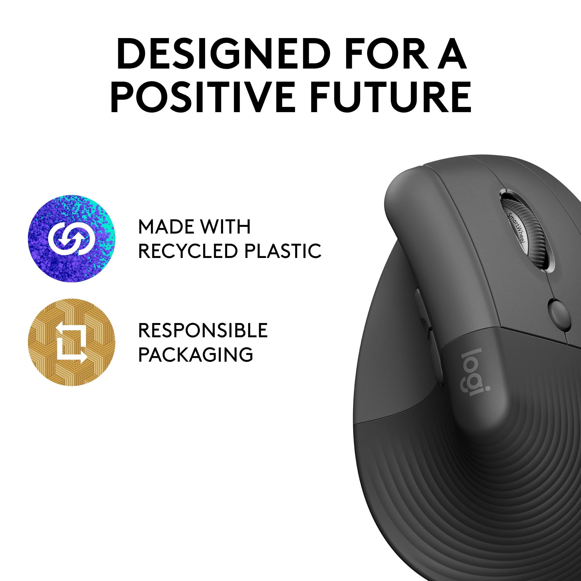 Logitech Lift Vertical Ergonomic Mouse, Wireless Bluetooth or USB Receiver, Quiet Clicks, 4 Buttons, Right Hand Wireless Mouse, Windows/macOS/iPadOS, Laptop, PC - Graphite - Image 5