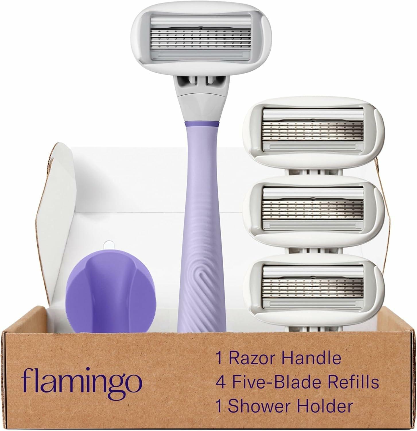 Flamingo Razors for Women, 1 Women's Razor Handle (Lilac), 4 Razor Five-Blade Refills, and 1 Shower Holder