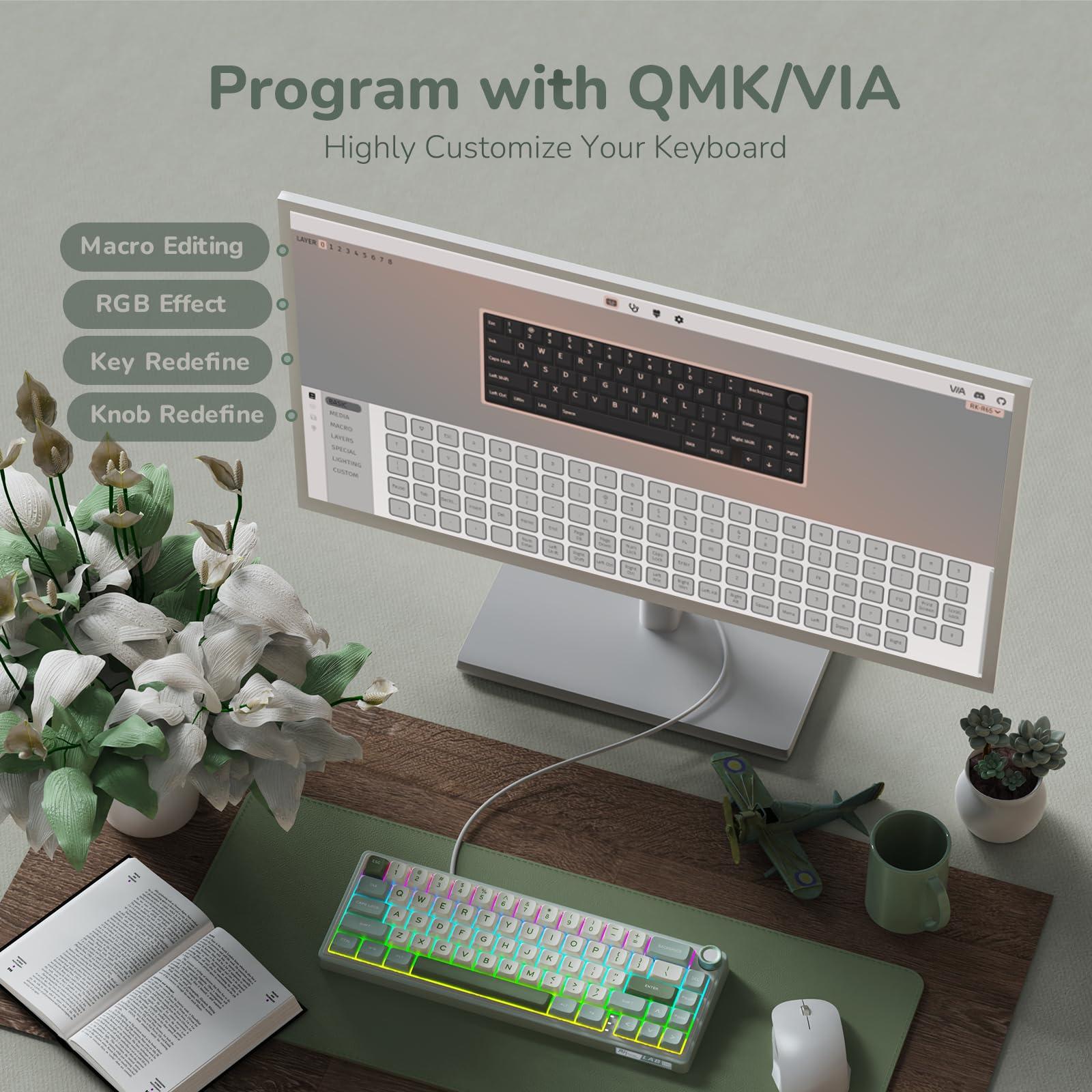 RK ROYAL KLUDGE R65 Wired Mechanical Keyboard, 60% Percent Creamy Gaming Keyboard Gasket Mount RGB Backlit with Programmable Knob, MDA Profile PBT Keycaps, QMK/VIA, Hot Swappable Linear Switch, Cyan - Image 8