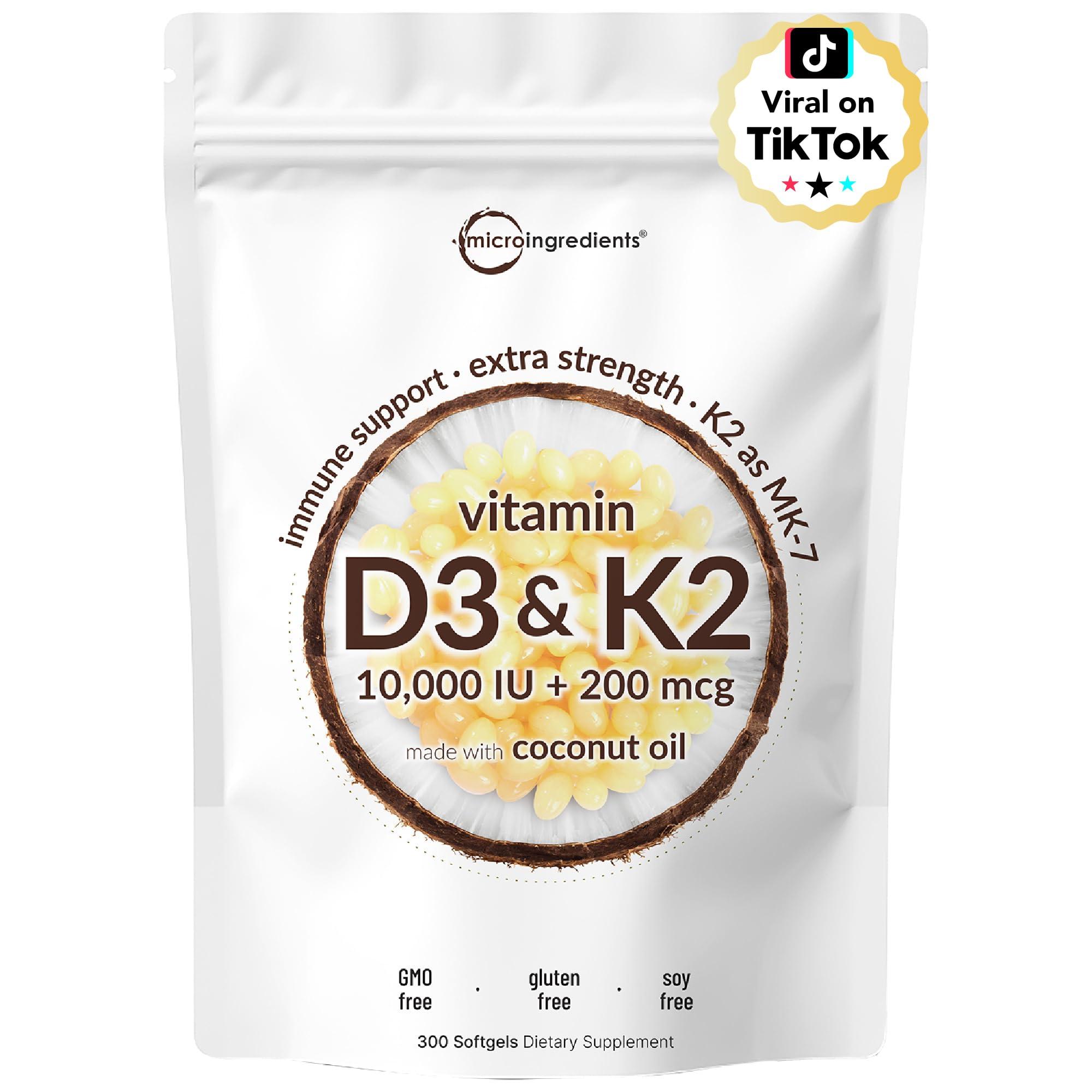 Vitamin D3 10000 iu Plus K2 (MK-7) 200 mcg, 300 Virgin Coconut Oil Softgels| 2 in 1 Vitamins D & K Complex | Supports Calcium Absorption, Bone, Immune, & Heart Health – Easy to Swallow