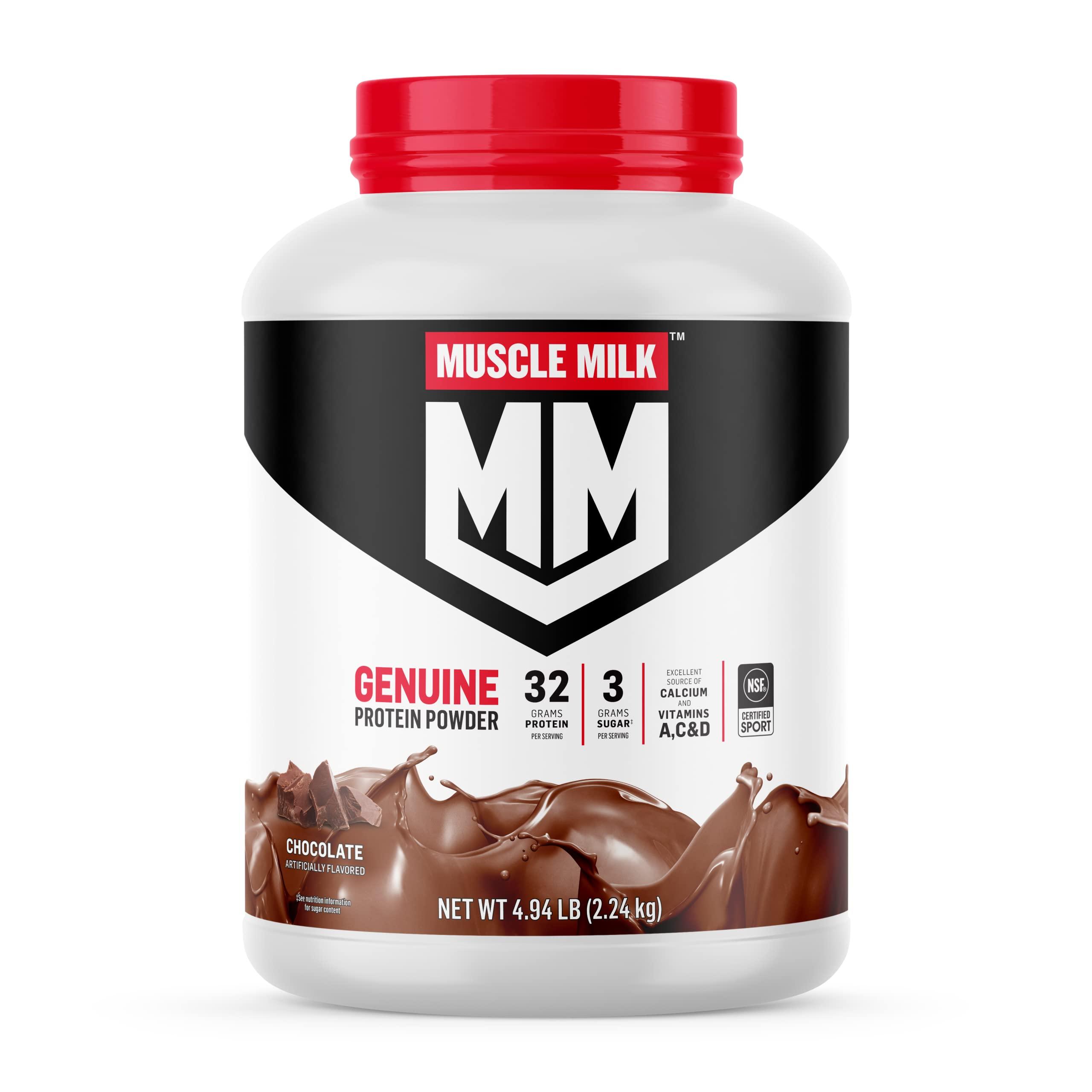 Muscle Milk Genuine Protein Powder, Chocolate, 4.94 Pound, 32 Servings, 32g Protein, 2g Sugar, Calcium, Vitamins A, C & D, NSF Certified for Sport, Energizing Snack, Packaging May Vary