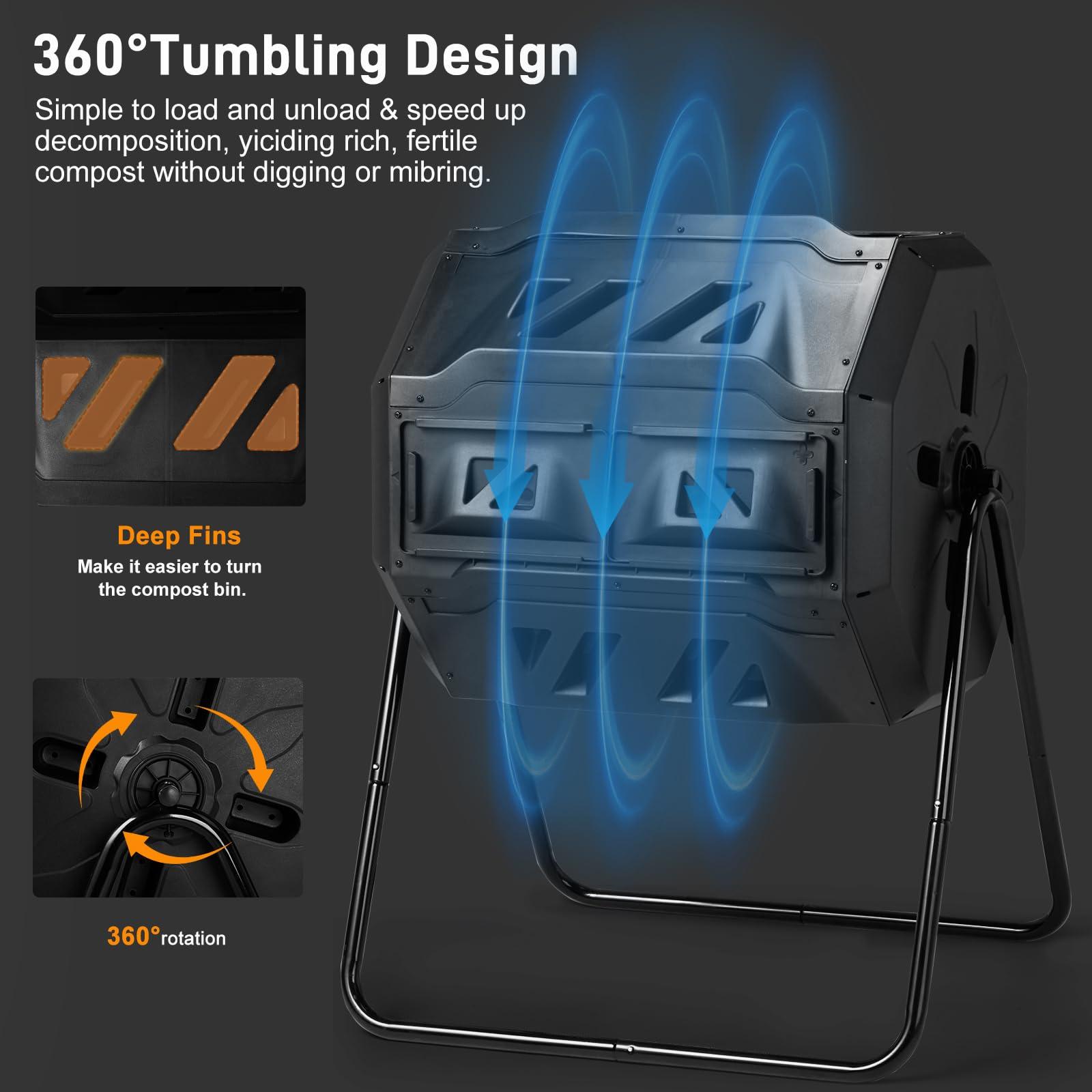 Outvita Compost Bin Outdoor, 43 Gallon Dual Chamber Tumbling or Rotating Composting Bin with Sliding Doors, Tumbler Rotating Batch Composter Bin for Garden Kitchen Yard - Image 4