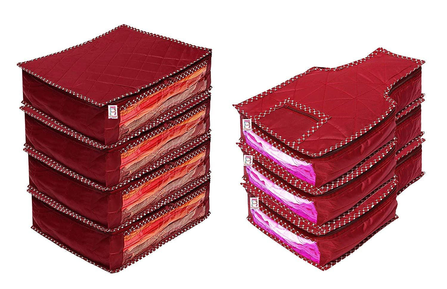 atorakushon Fabric Saree and Blouse Covers Garments Clothes Storage Bag Wardrobe Organizers With Double Zip Lock Set of 7 For Lehenga Dress Accessories Maroon