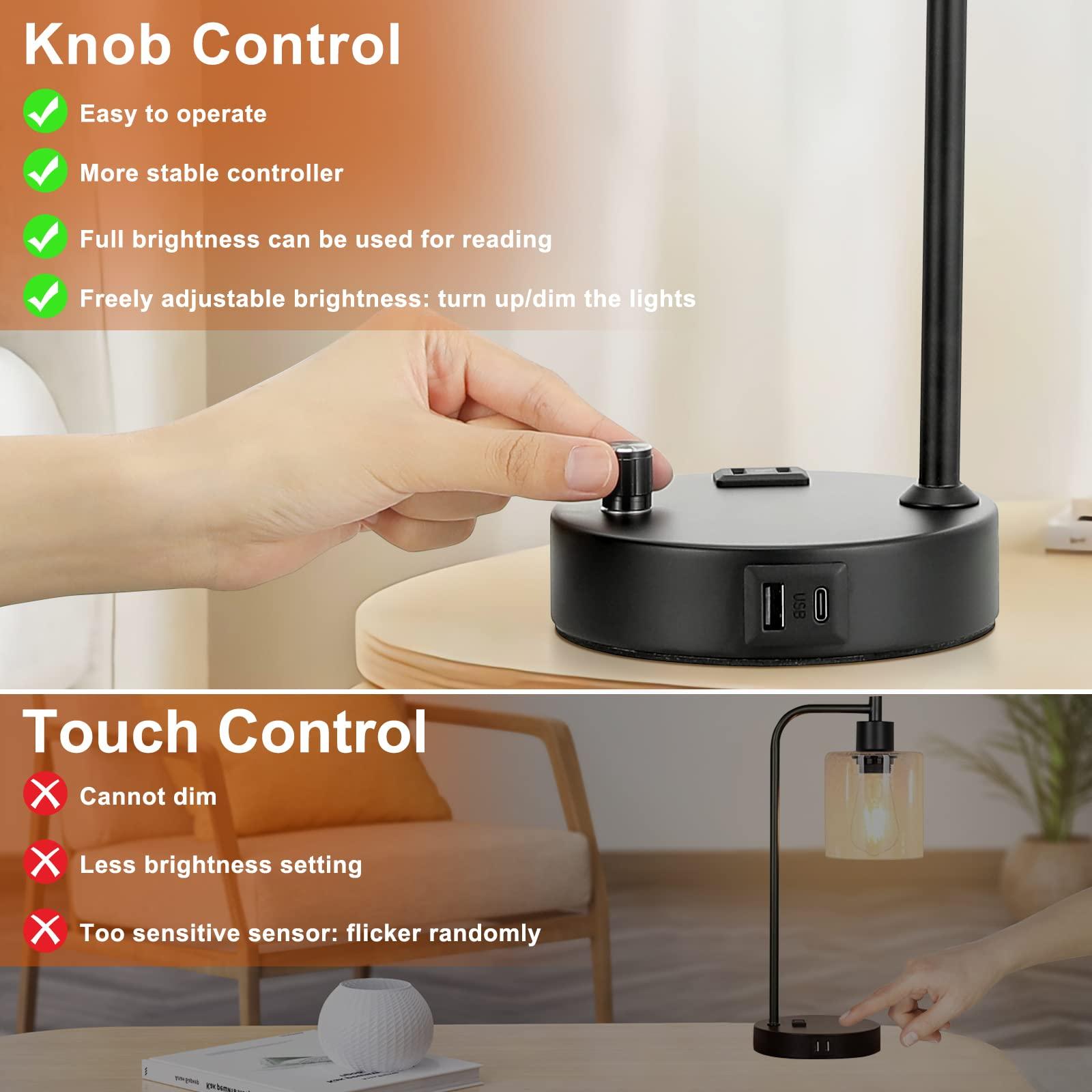 Industrial Table Lamps for Bedrooms Set of 2 - Fully Dimmable Bedside Lamps with USB A and C Ports and Outlet, Black Nightstand Lamps with Glass Shade for Living Room, Desk Lamps for Office Reading - Image 4