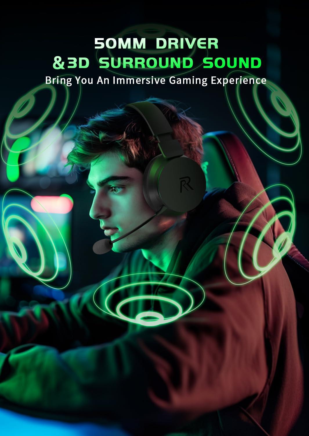 RYR Wireless Gaming Headset for Xbox Series X|S, Xbox One, PS5, PS4, Mac, Bluetooth 5.3, 3D Surround Sound, Rotatable Earmuffs, Gaming Headphones with Noise Canceling Microphones-Blackgreen - Image 8