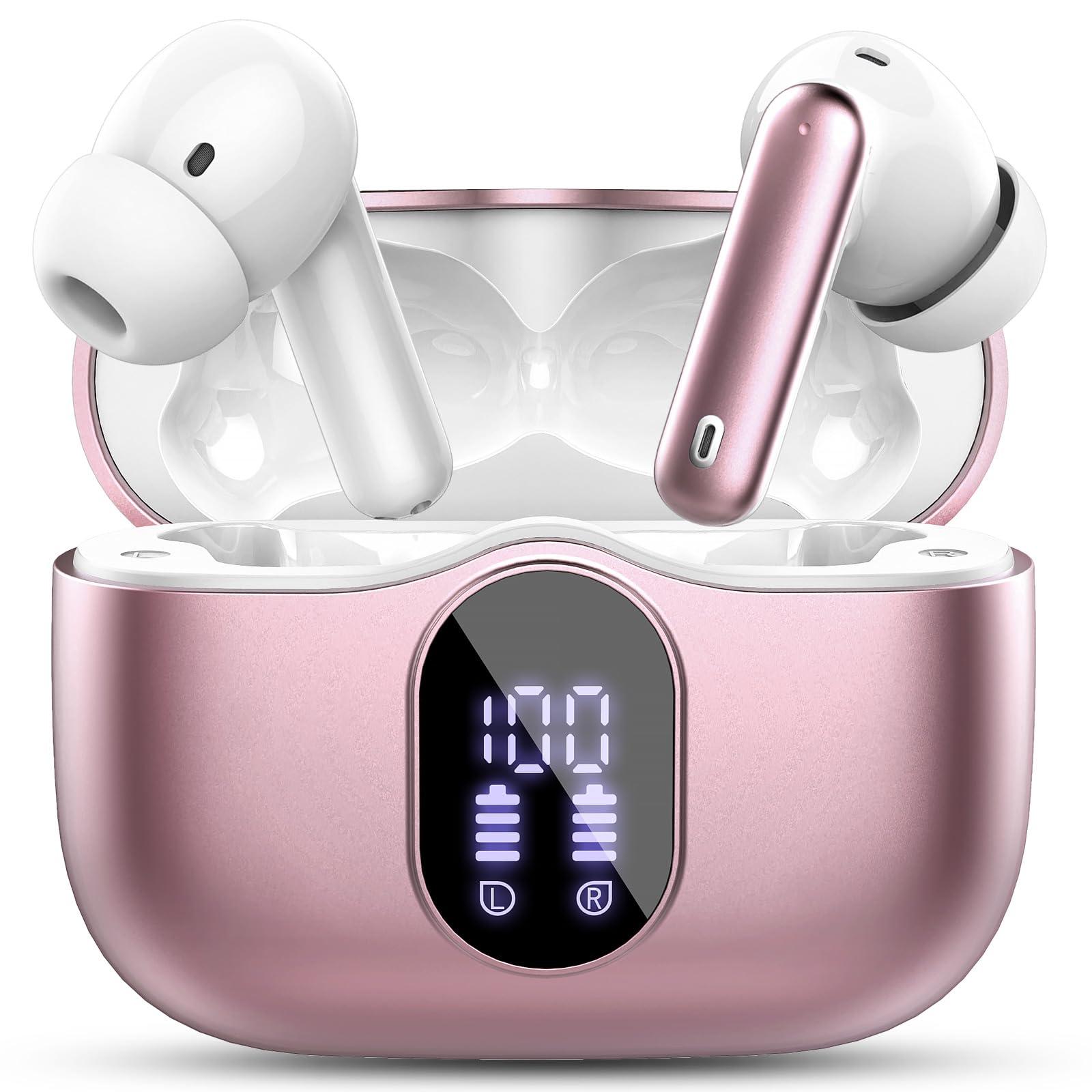 Wireless Earbuds Bluetooth 5.4 Headphones Bass Stereo Ear Buds with Noise Cancelling Mic LED Display in Ear Earphones IP7 Waterproof 36H Playtime for Laptop Pad Phones Sports Workout Rose Gold