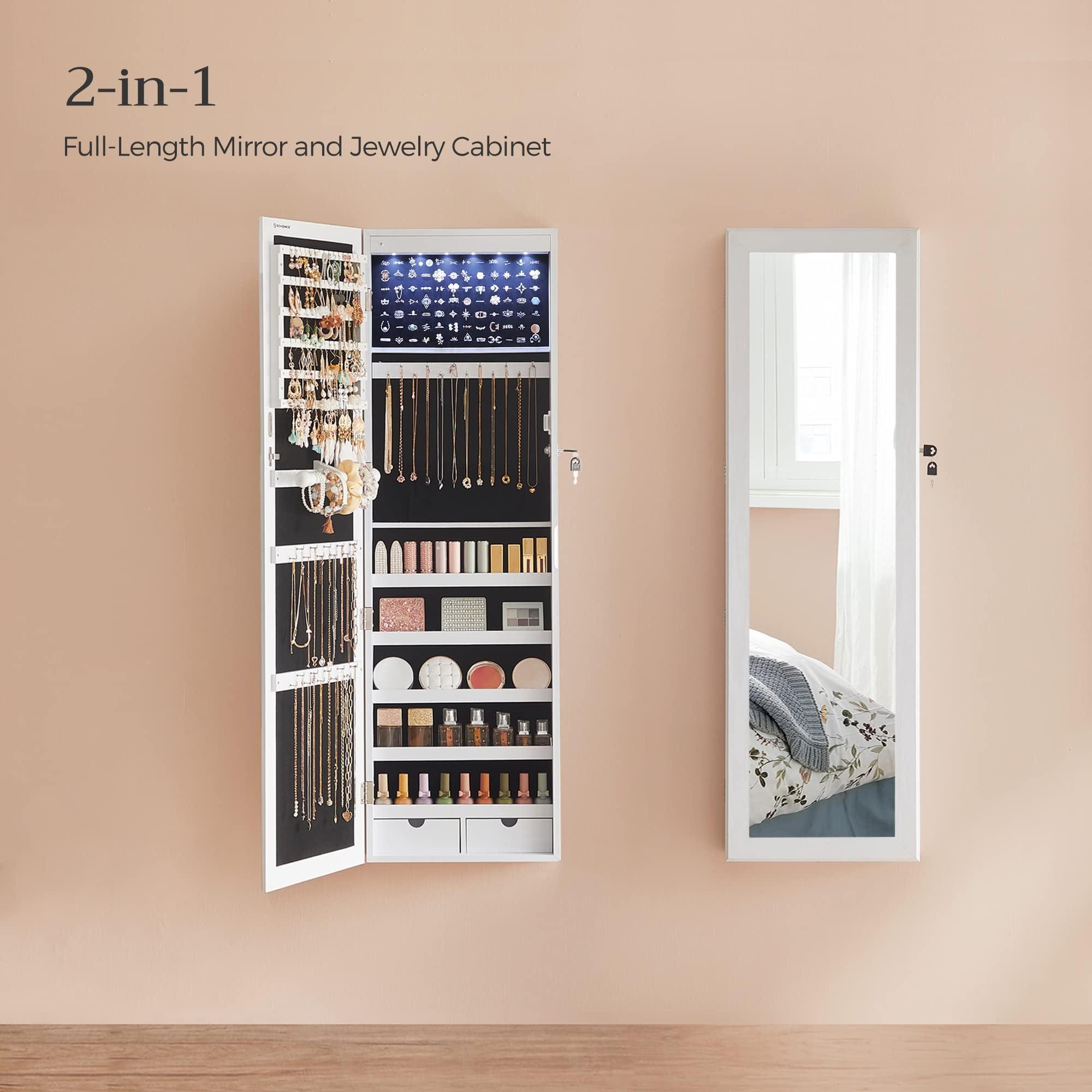 SONGMICS 6 LEDs Mirror Jewelry Cabinet, 47.2-Inch Tall Lockable Wall or Door Mounted Jewelry Armoire Organizer with Mirror, 2 Drawers, 3.9 x 14.6 x 47.2 Inches, White UJJC93W - Image 4