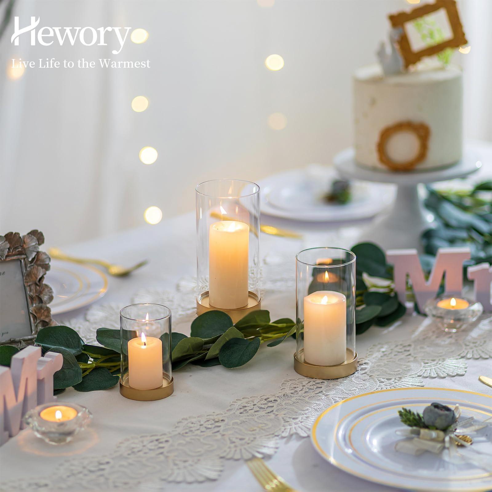 Hewory Hurricane Candle Holder for Pillar Candles: Gold Votive Candle Holders Set of 12, Glass Hurricane with Metal Candle Plate, Pillar Candle Holder for Table Centerpiece Wedding Holiday Home Decor - Image 8