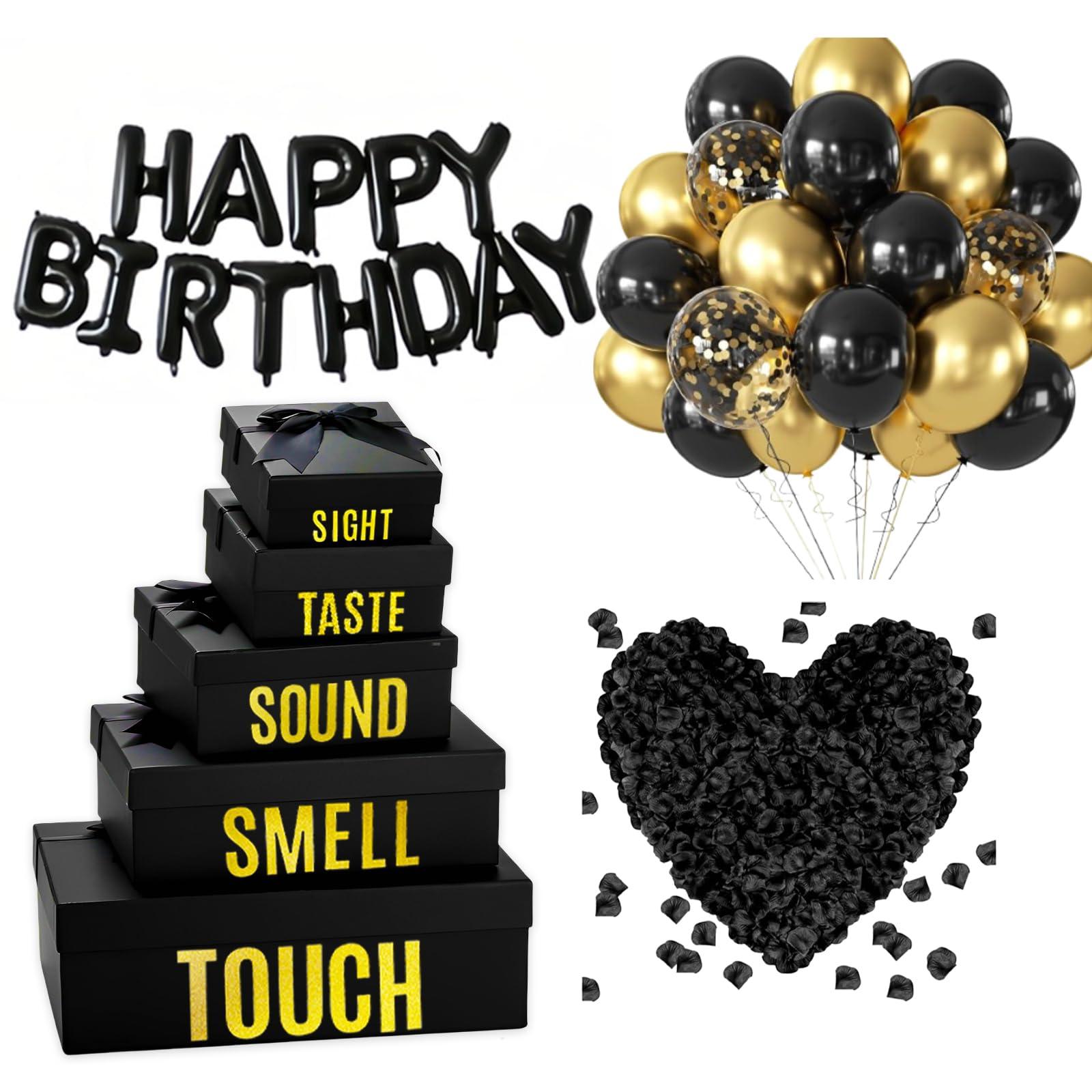 YIXAXKAO 5 Senses Gift Boxes for Him Five Senses Gift Birthday Decorations Black Nesting Gift Boxes With Lids Happy Birthday Banner Balloon for Husband Boyfriend (Black gold)