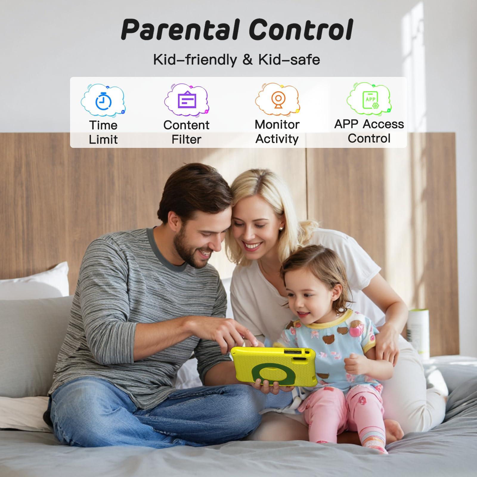 Kids Tablet 8 Inch Android 15, Octa-Core 12GB RAM + 64GB ROM, Toddler Tablet with WiFi 6, Parental Control, Pre-Installed Kids Space, EVA Case, Anti-Glare Screen Protector, Adjustable Strap, Yellow - Image 4