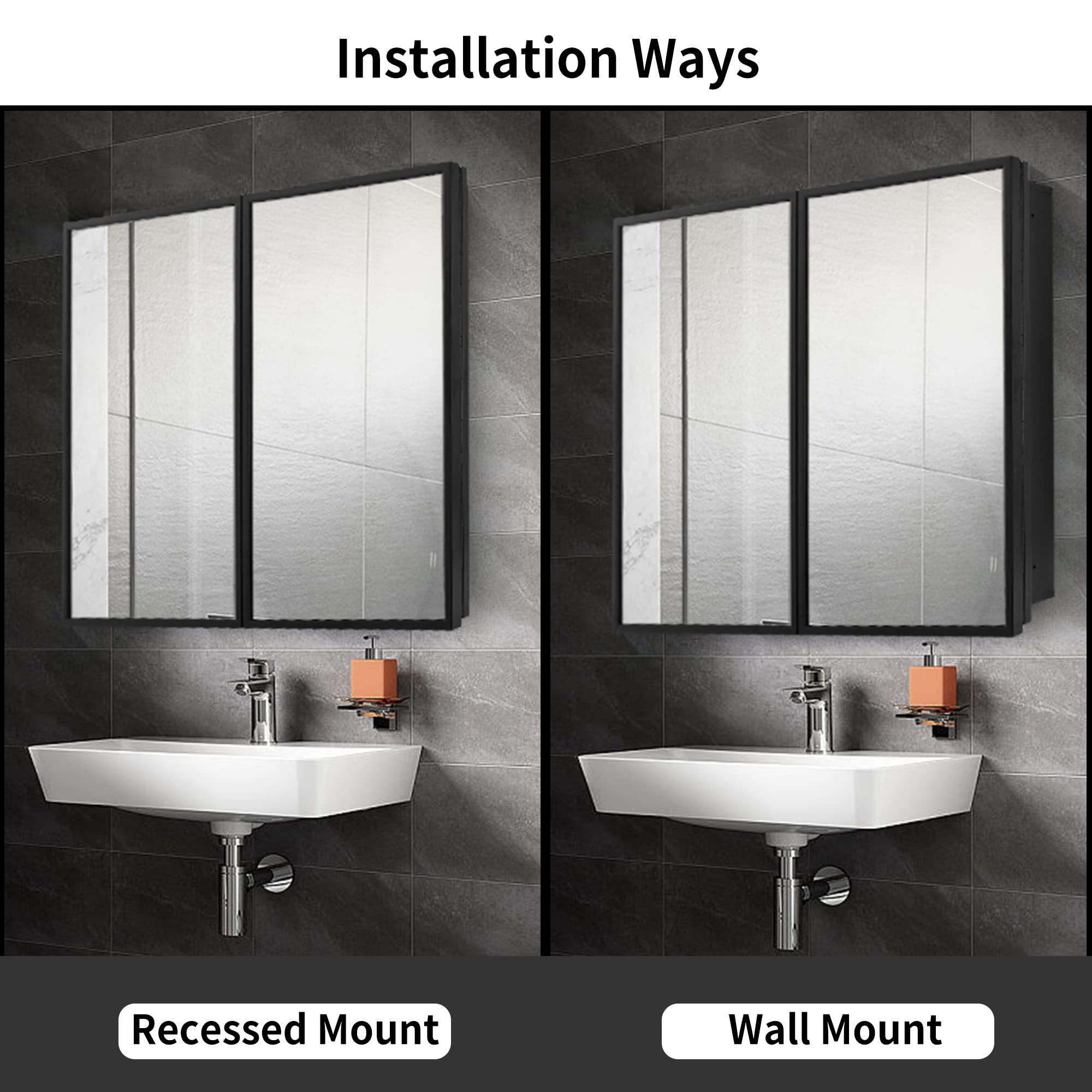 Movo 30 Inch x 27 Inch Farmhouse Black Metal Framed Recessed or Surface Bathroom Medicine Cabinet with Mirror Rectangle Tilting Beveled Vanity Mirros for Wall - Image 5