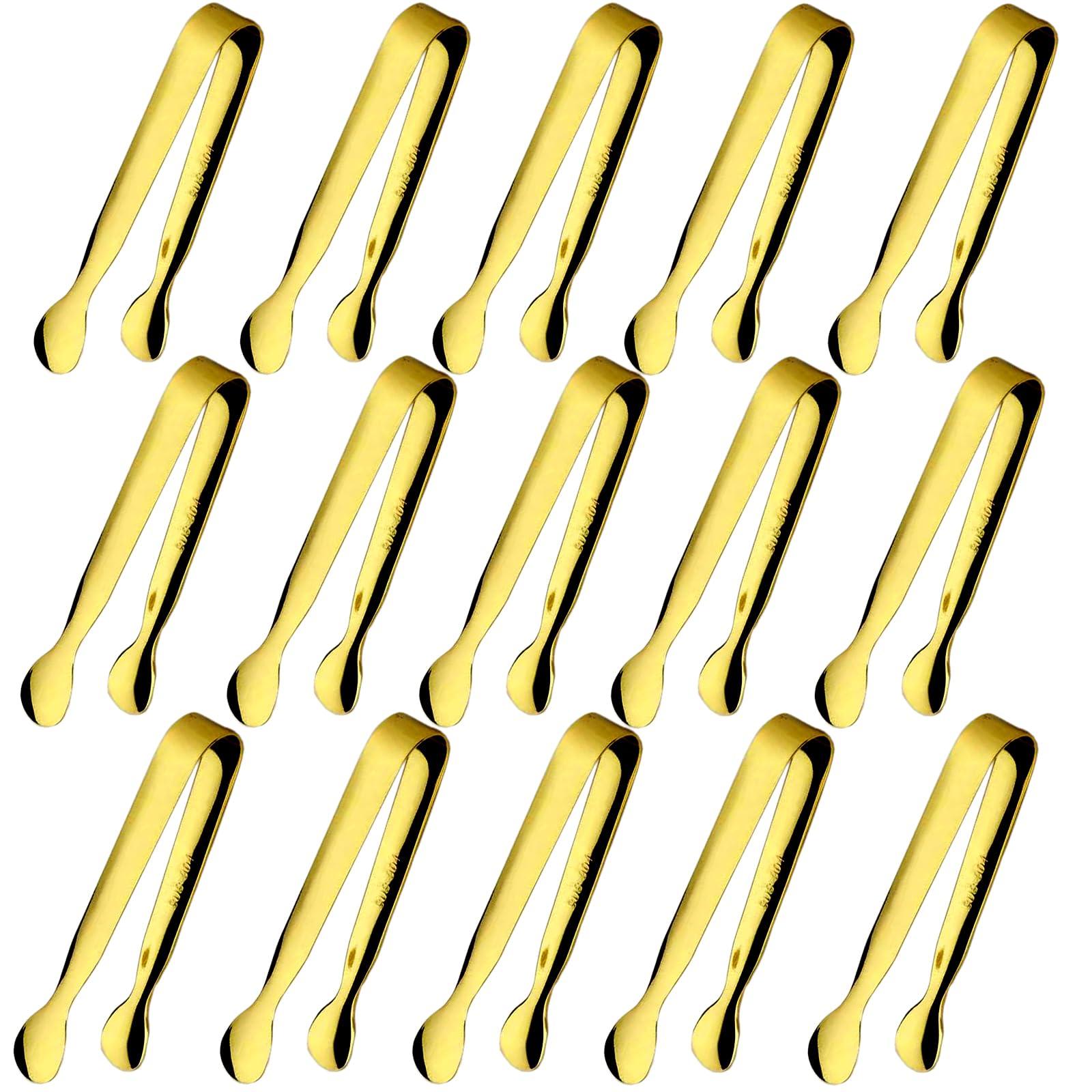 15PCS Mini Tongs for Serving, Ice Tong Stainless Steel Gold Tongs, 4.25Inch Small Sugar Tong, Kitchen Tong Mini Serving Utensils for Appetizers, Charcuterie, Gold Utensil for Dessert Table, Tea Party