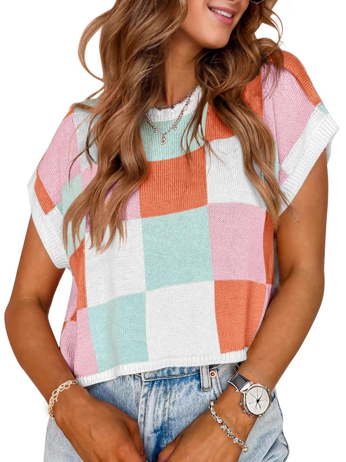 Womens Summer Crop Tops 2025 Cap Short Sleeve Sweater Vest Loose Shirts Business Vacation Outfits Trendy Fall Summer Top