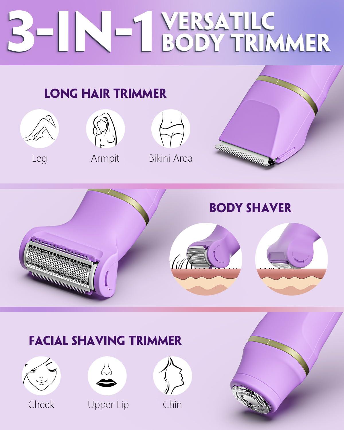 Bikini Trimmer 3 in 1 Electric Razor for Women - IPX7 Waterproof Wet & Dry Body Shaver, Pubic & Facial Hair Remover with Ceramic Blade, USB Rechargeable Dock & Gift Ready - Image 2